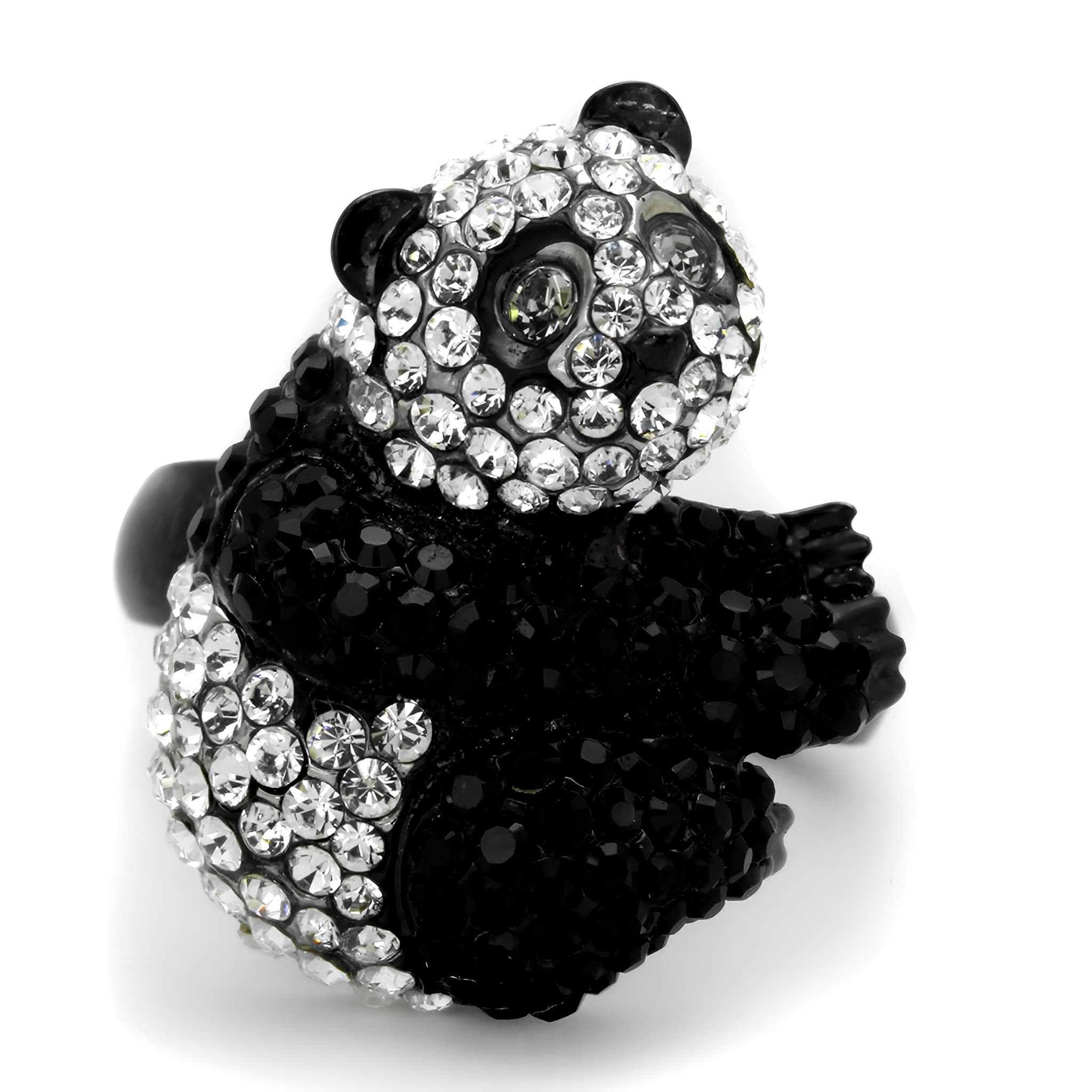 Stainless Steel Black White Crystal Pave Panda Bear Ring