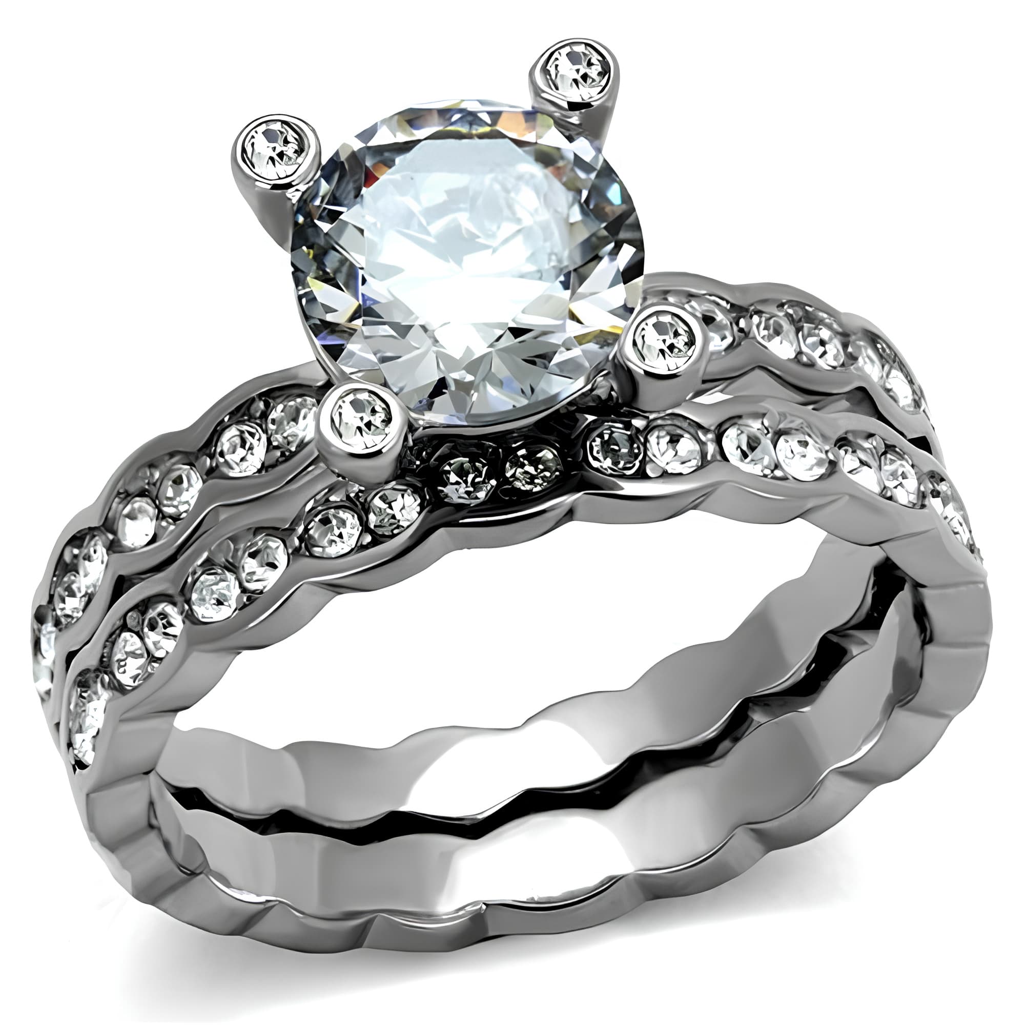 Stainless Steel CZ Round Solitaire Channel Wave Bridal Ring