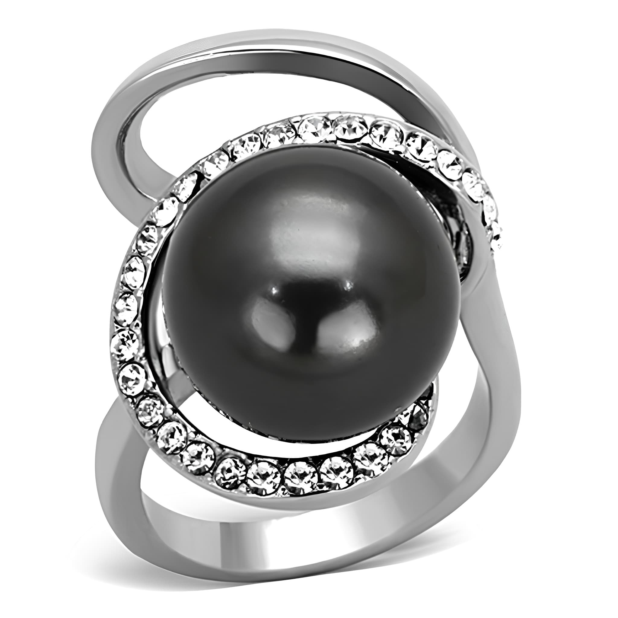 Stainless Steel Dark Pearl CZ Halo Bypass Ring