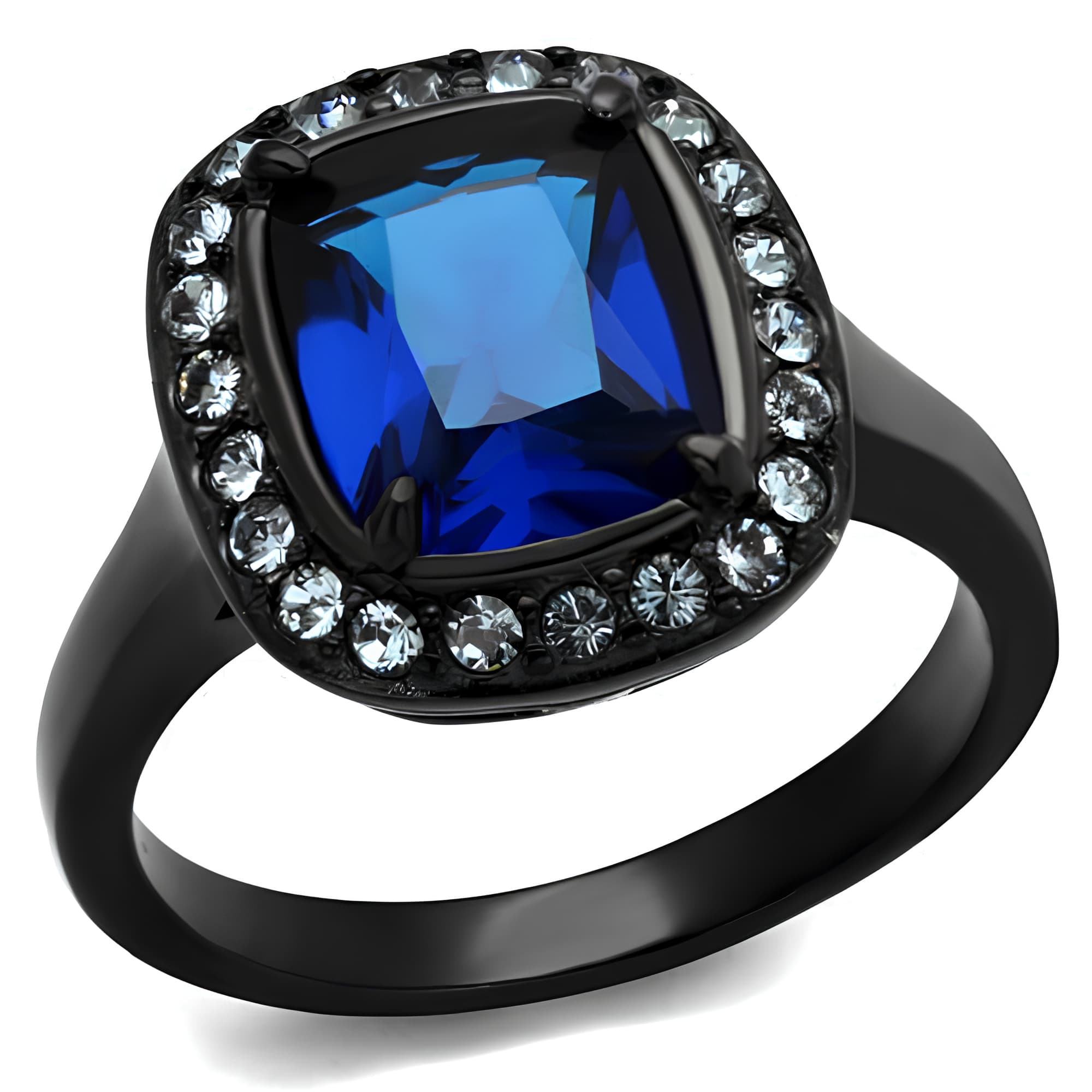 Stainless Steel Black IP Blue Sapphire Cushion CZ Halo Ring