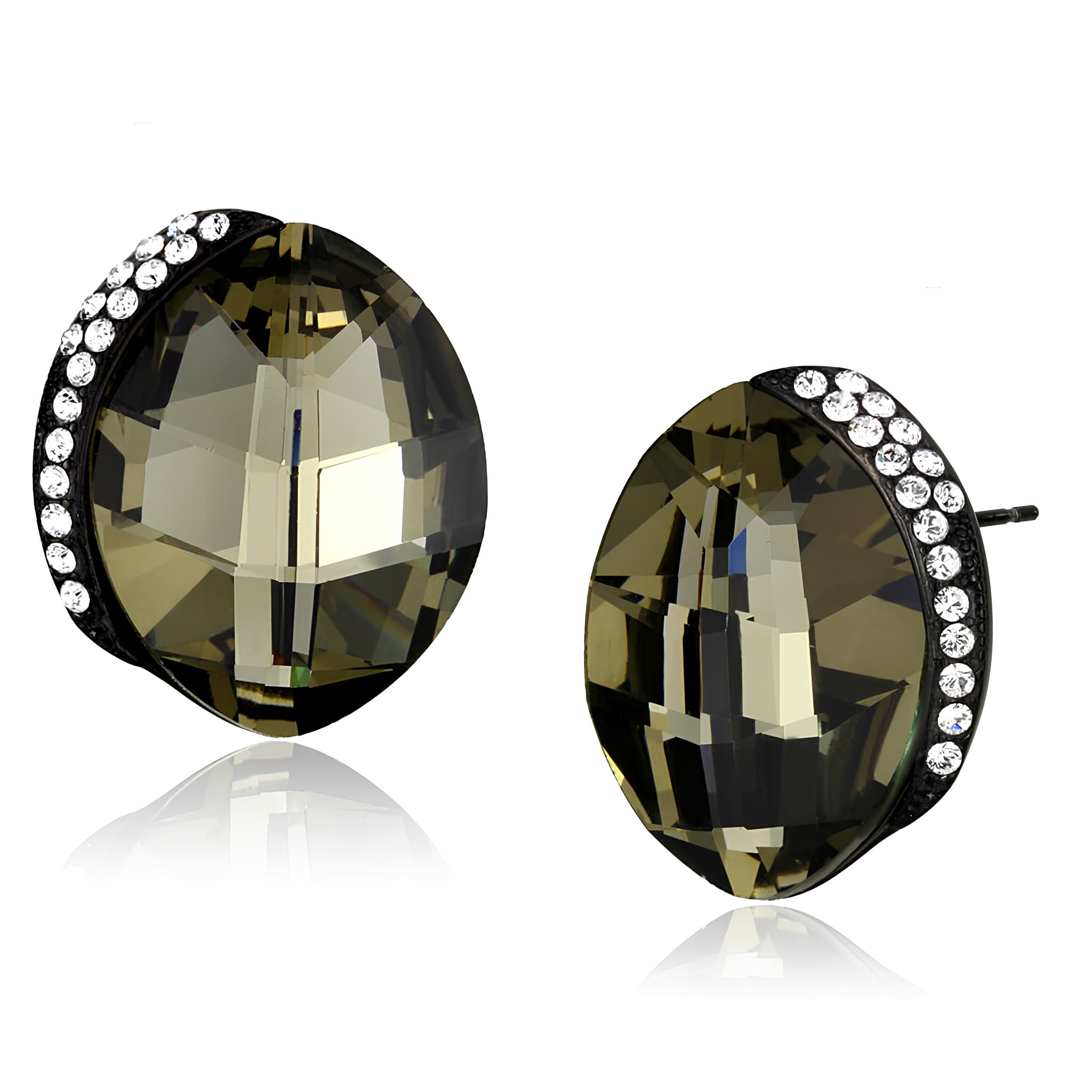 Stainless Steel Smoky Quartz Oval CZ Halo Stud Earrings