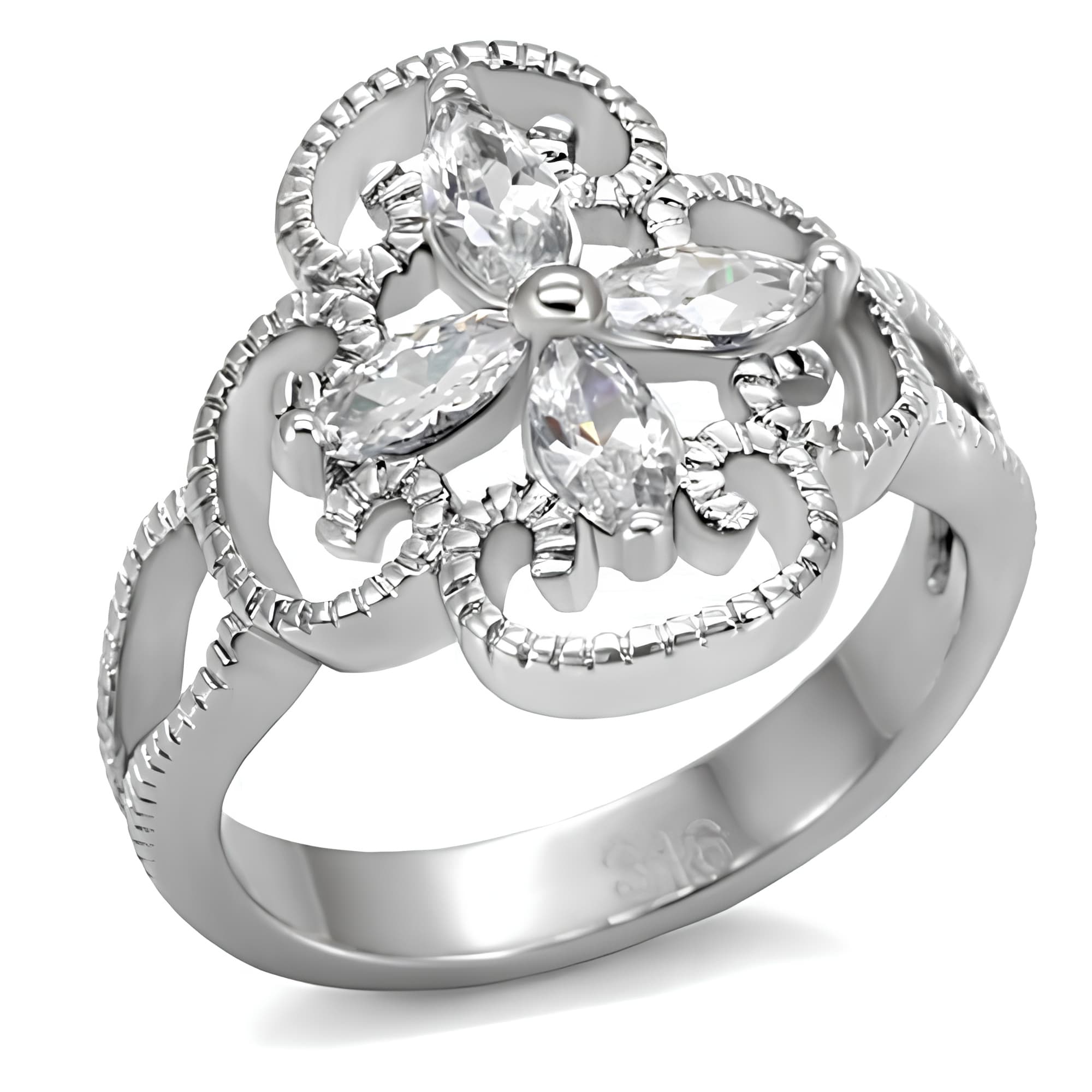 Stainless Steel CZ Marquise Flower Filigree Open Work Ring