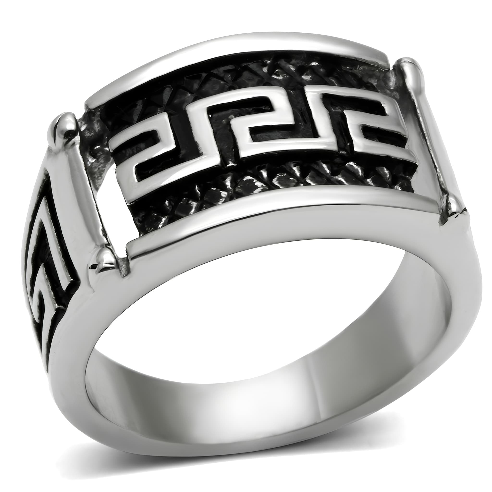 Stainless Steel Silver Greek Key Pattern Square Mens Signet Ring