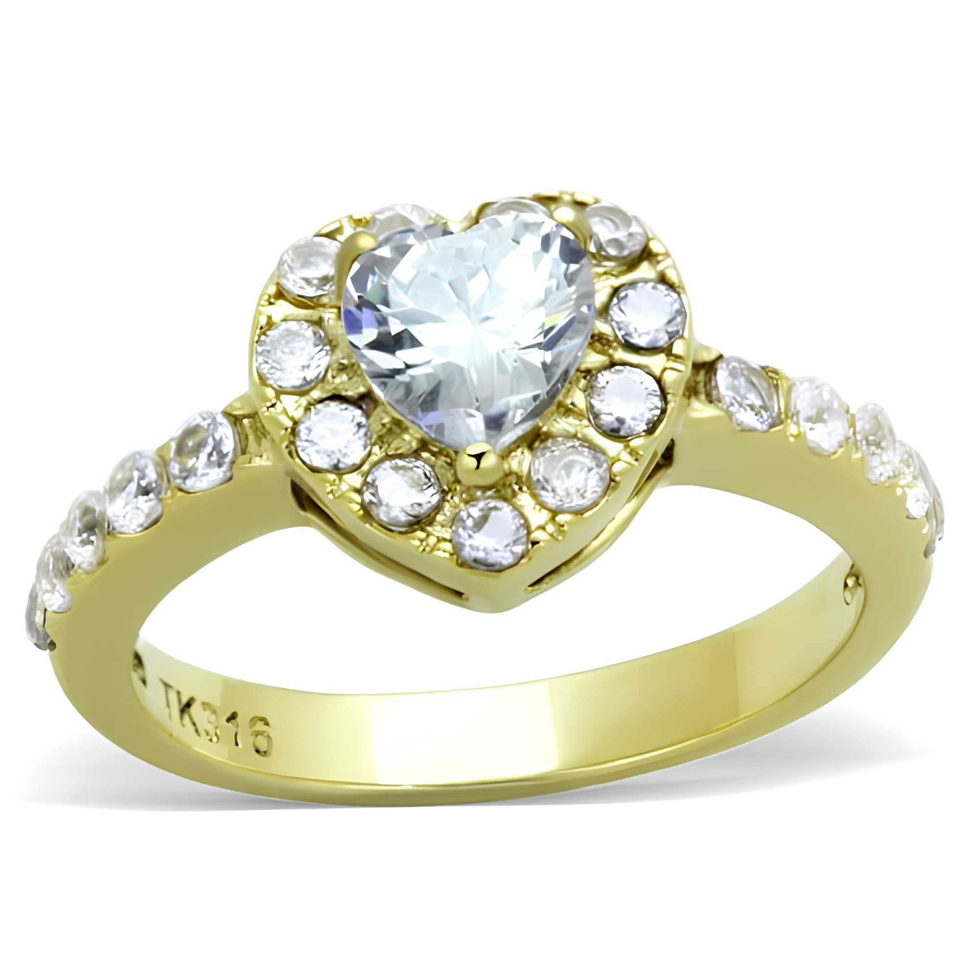 Stainless Steel Gold IP Round CZ Heart Halo Ring