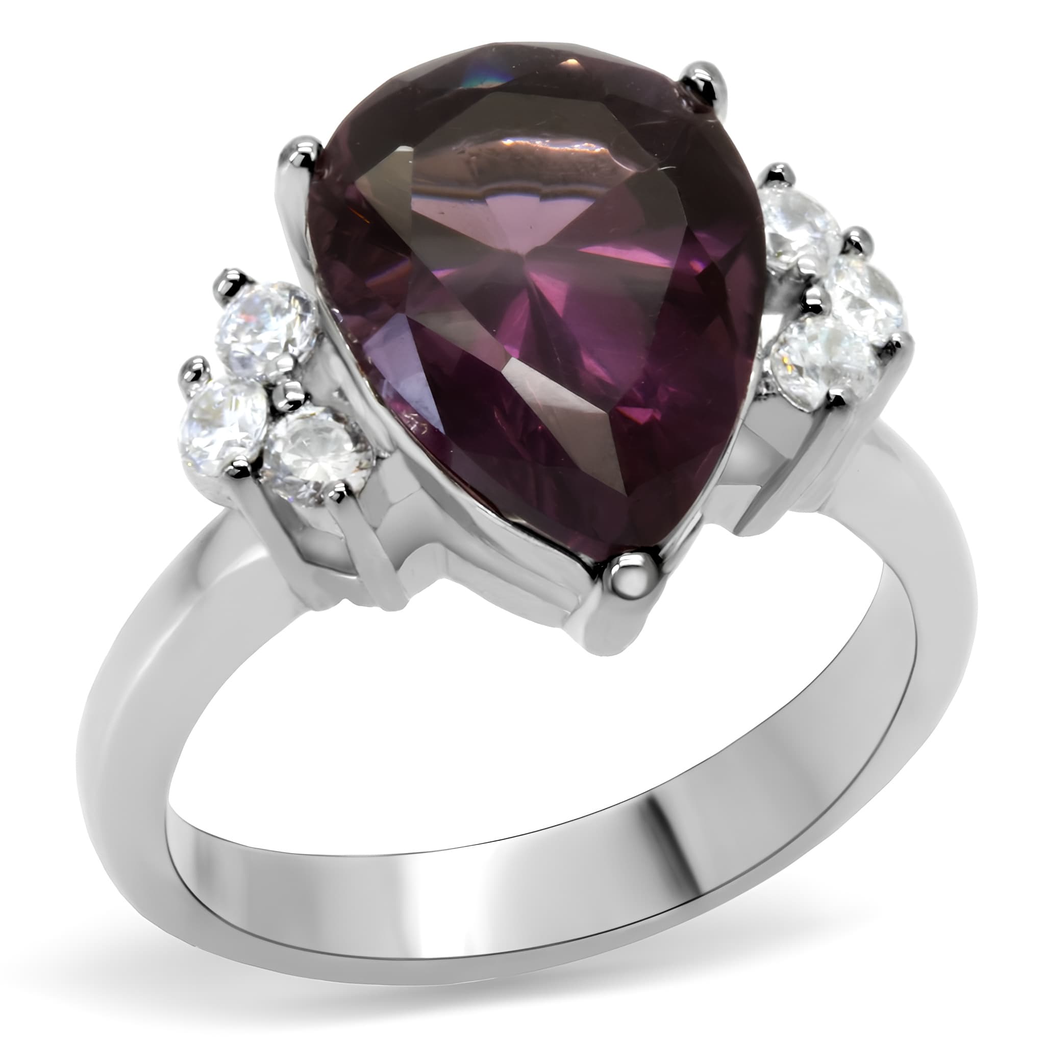 Stainless Steel Amethyst Pear CZ Side Stones Ring