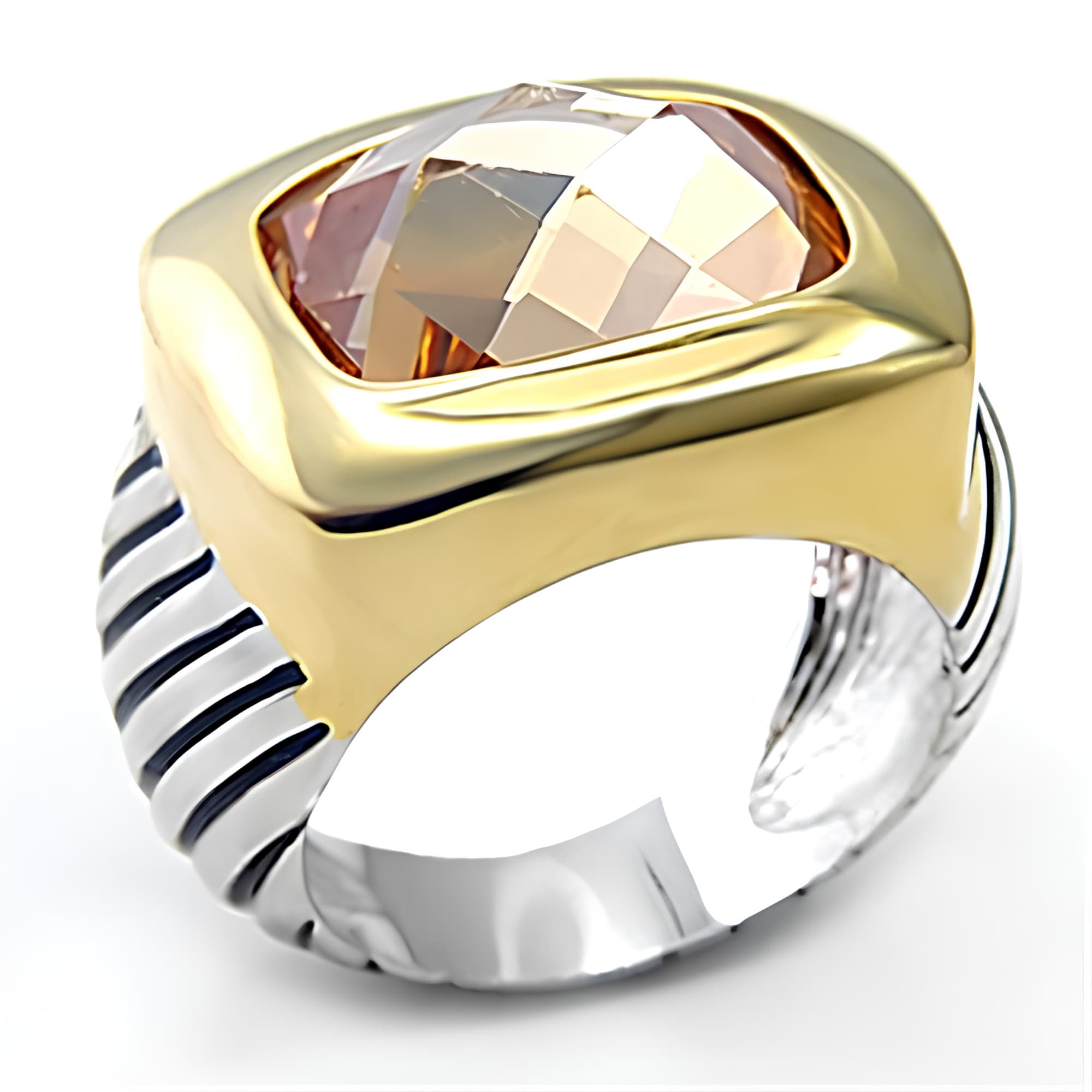 Brass Champagne CZ Cushion Two Tone Cable Ring