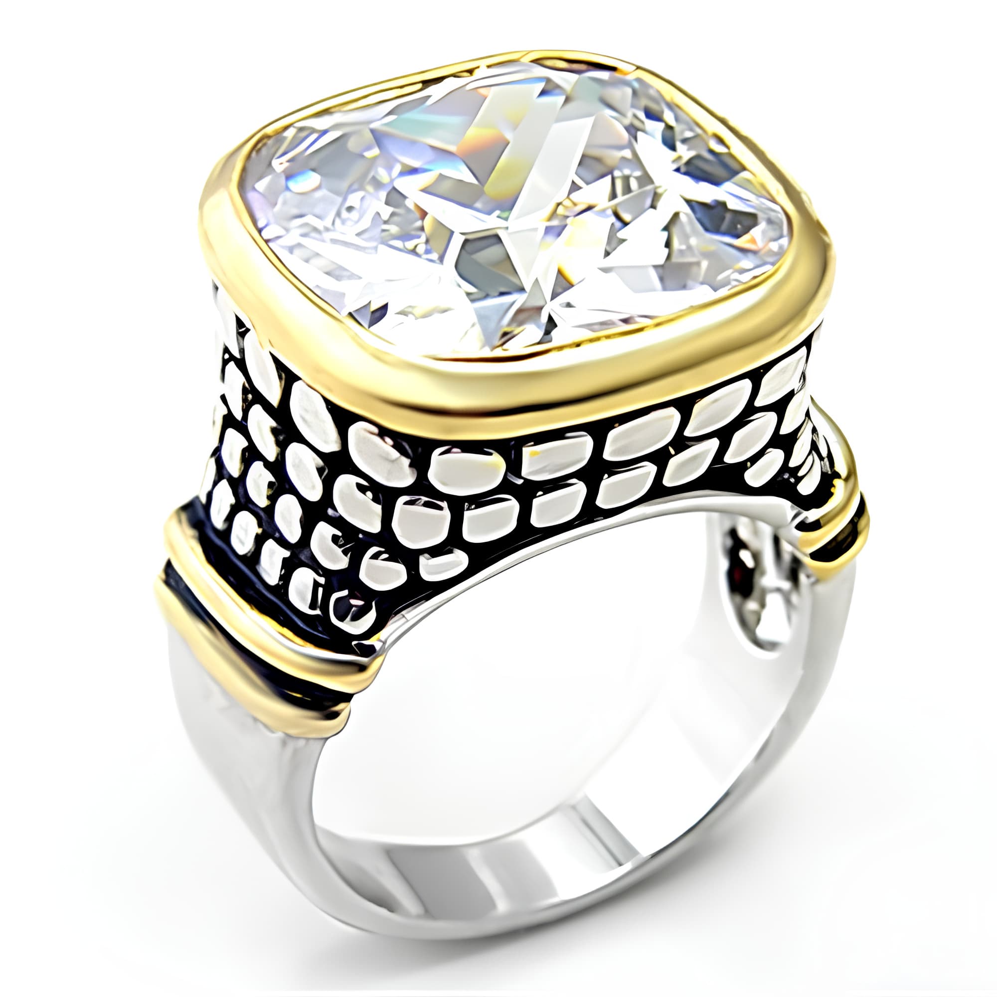 Brass CZ Cushion Two Tone Cable Bezel Designer Ring