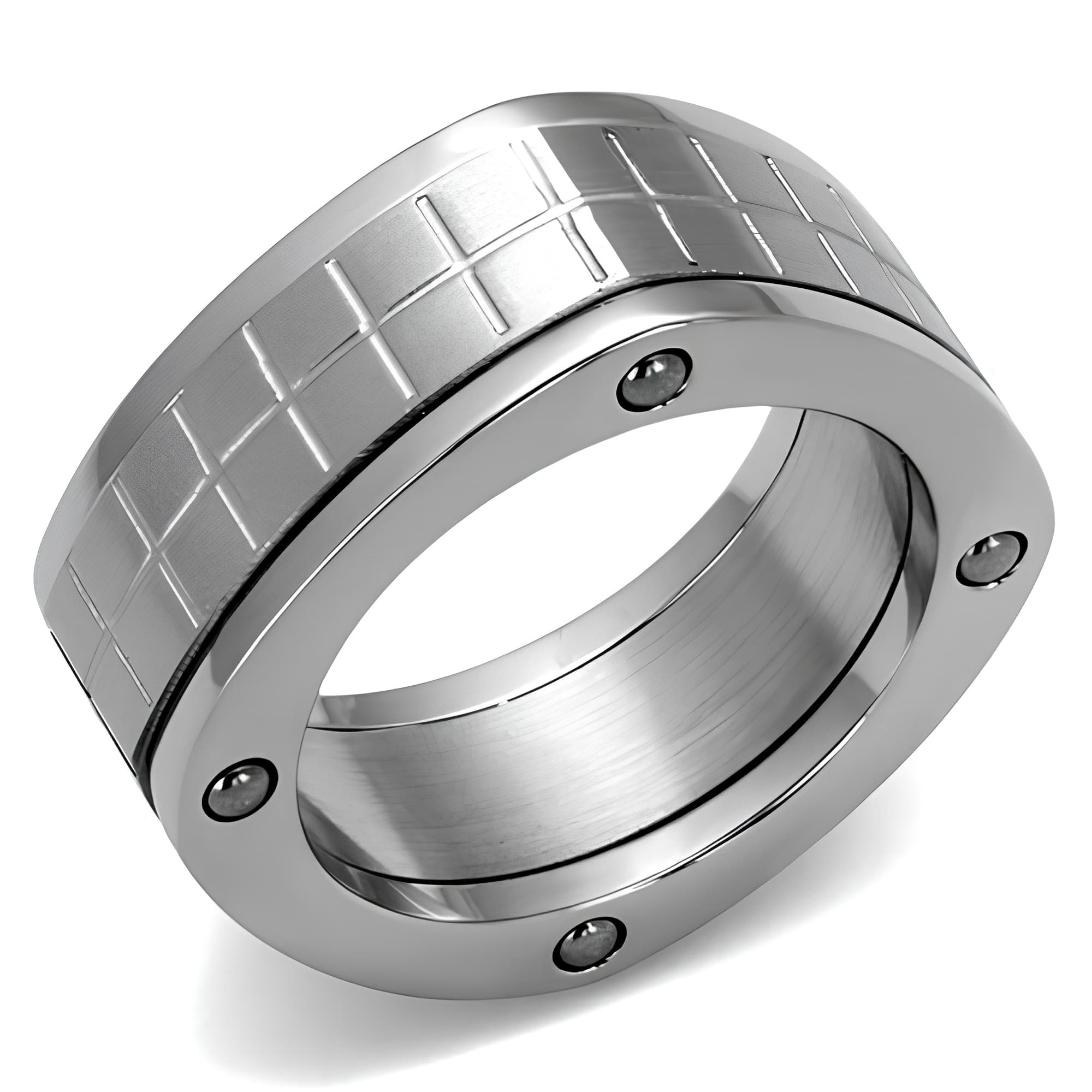 Stainless Steel Polished Grid Checker Screw Accent Spinner Ring