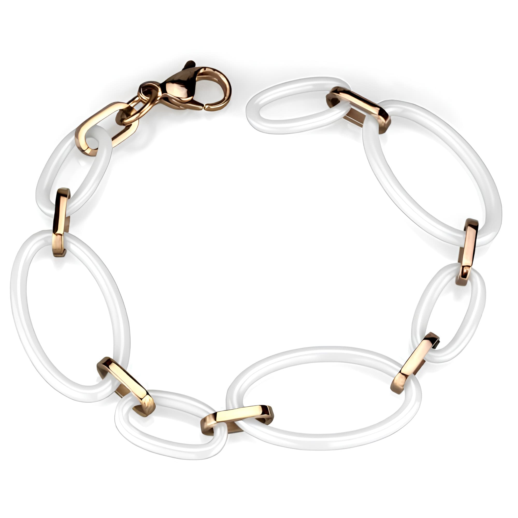 Stainless Steel Rose Gold White Ceramic Oval Link Bracelet