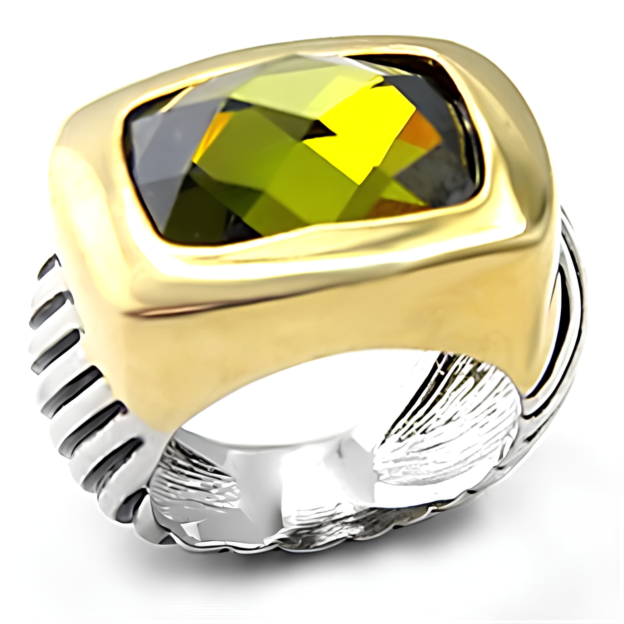 Brass Olive CZ Cushion Two Tone Cable Designer Ring