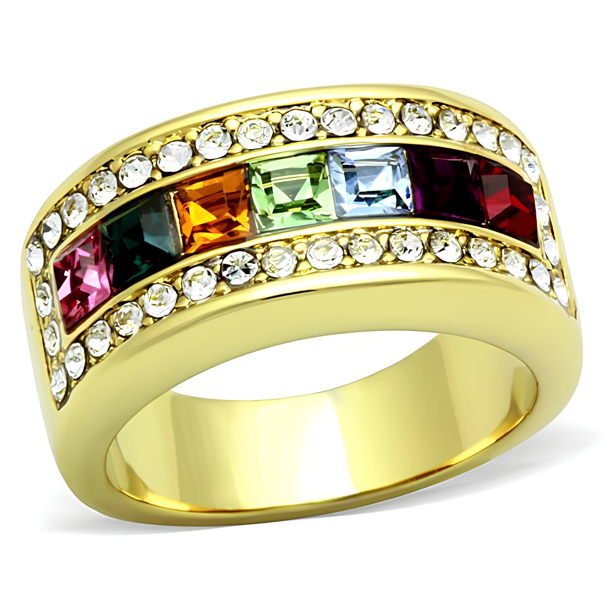 Stainless Steel Gold Rainbow Crystal Channel CZ Border Ring