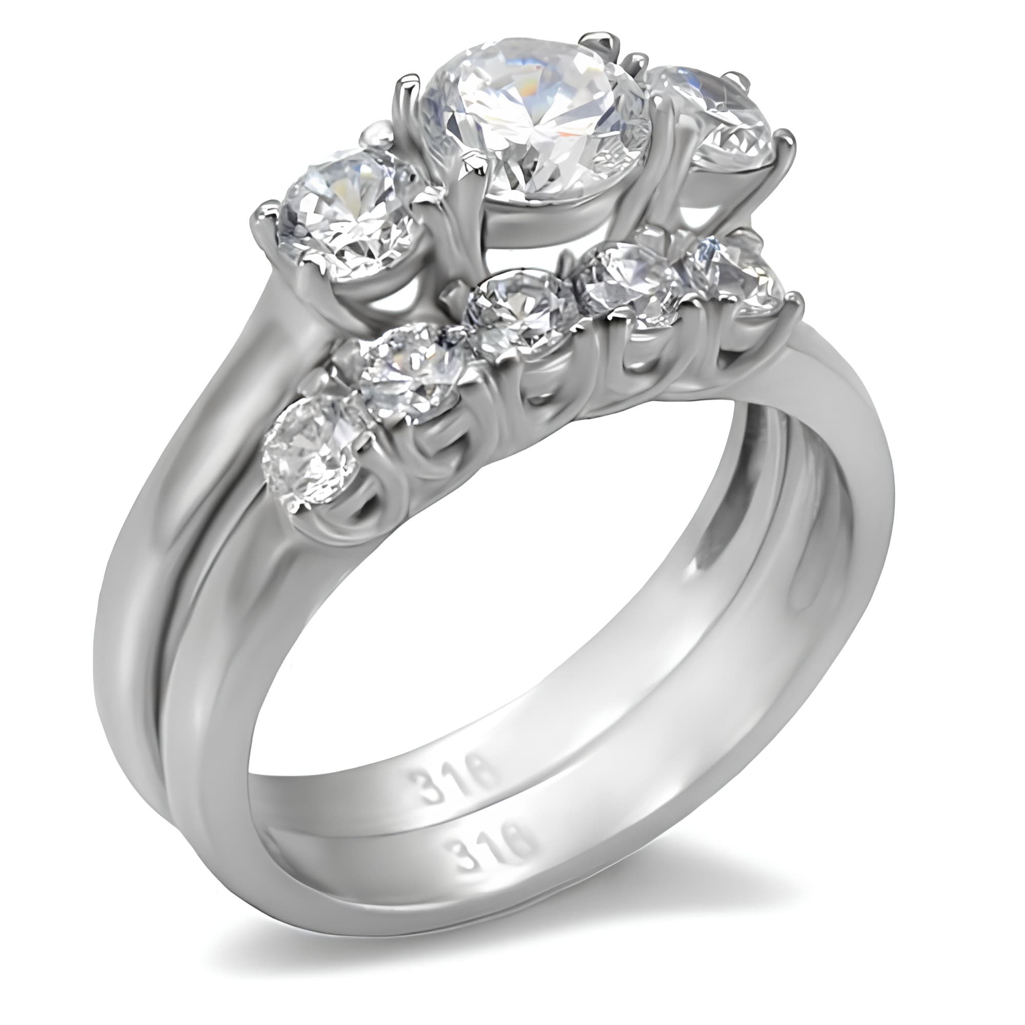 Stainless Steel CZ Flower Cluster Bridal Set Ring