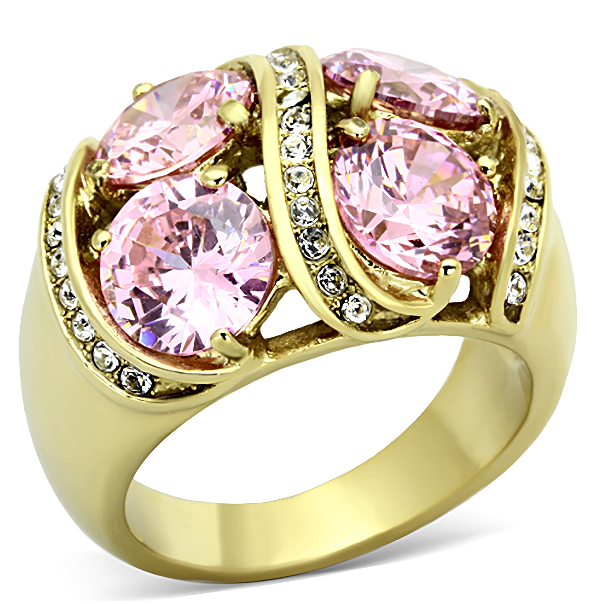 Stainless Steel Gold Pink Multi Stone CZ Cluster Ring