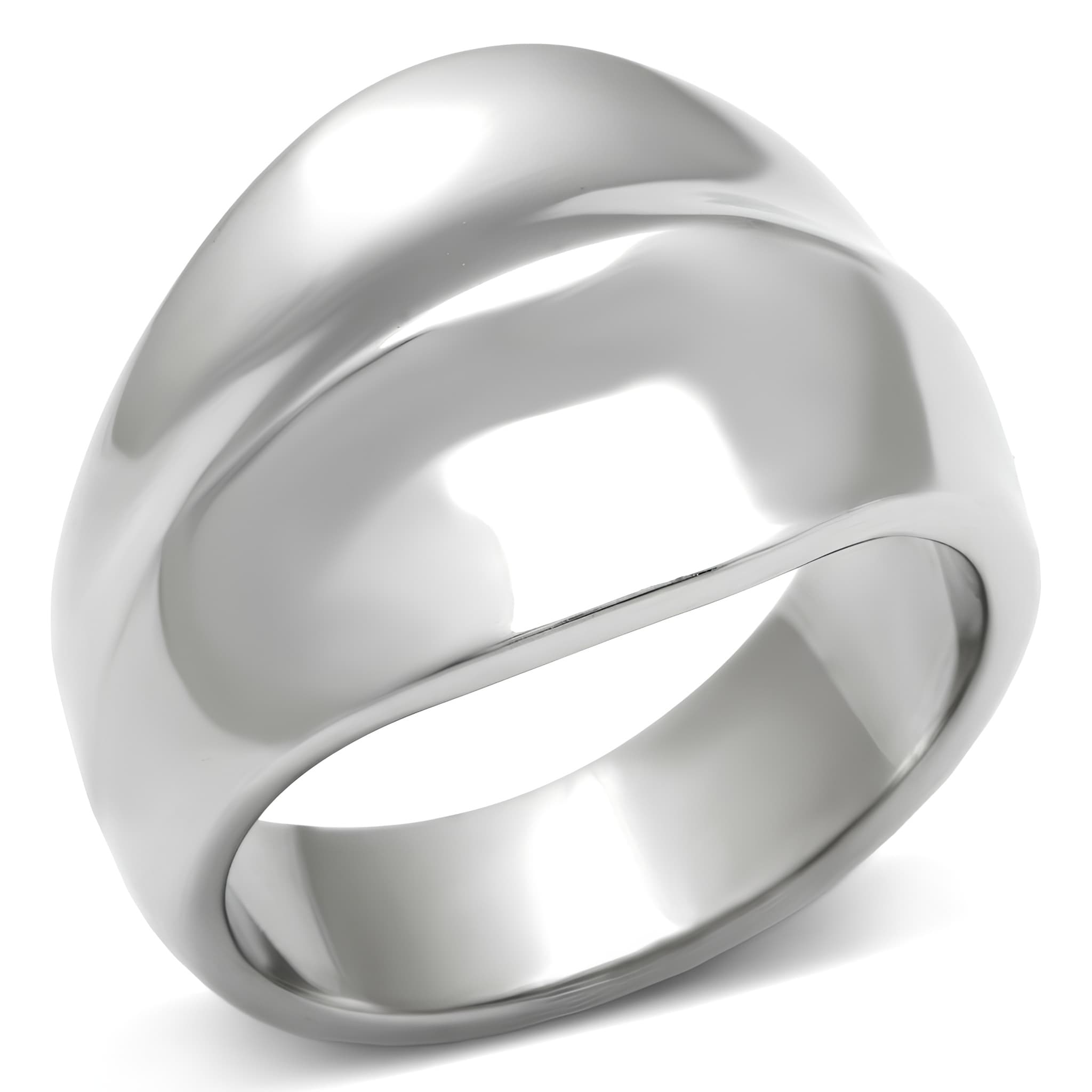 Stainless Steel Silver Polished Swoosh Wave Dome Wide Band Ring