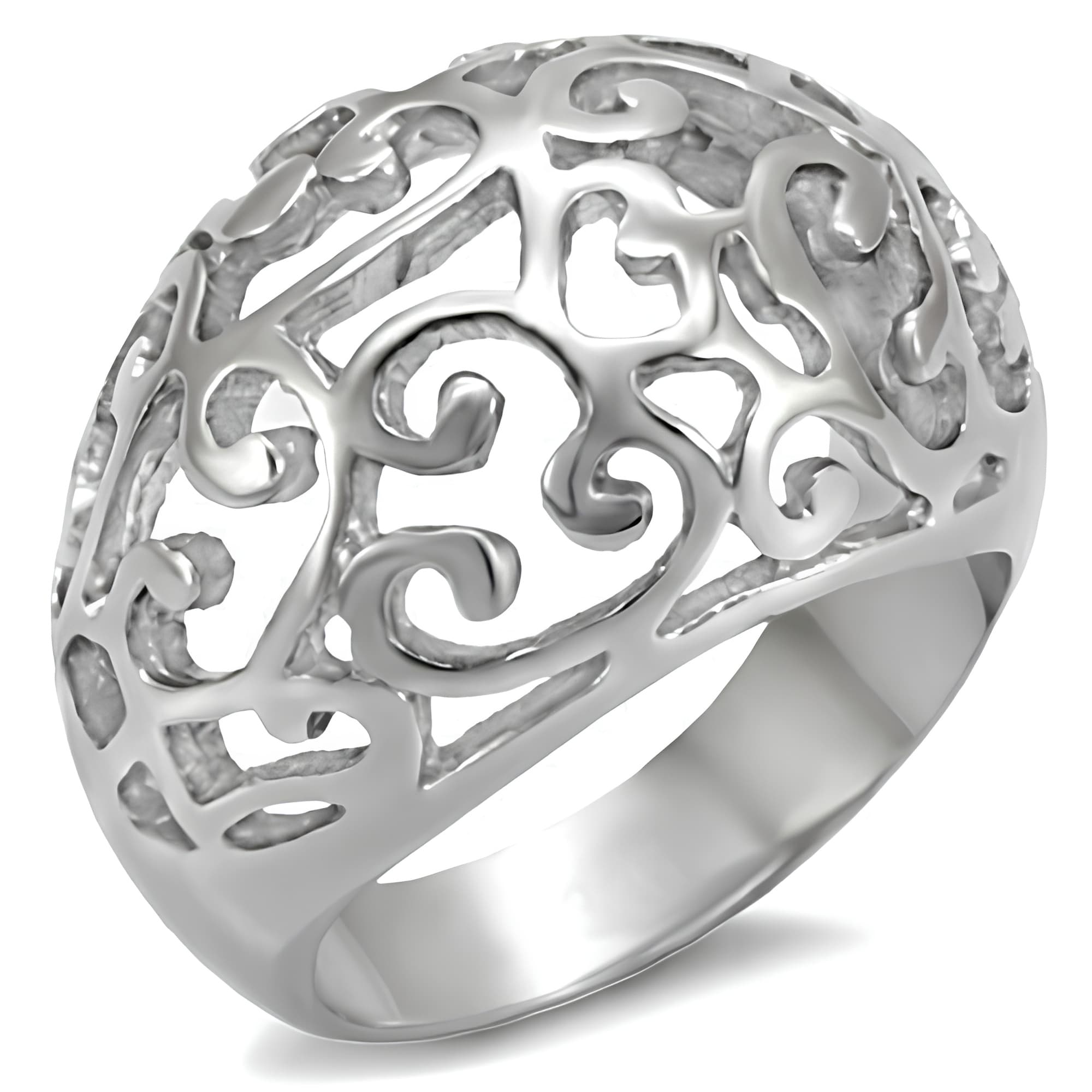 Stainless Steel Polished Filigree Scroll Open Work Dome Ring