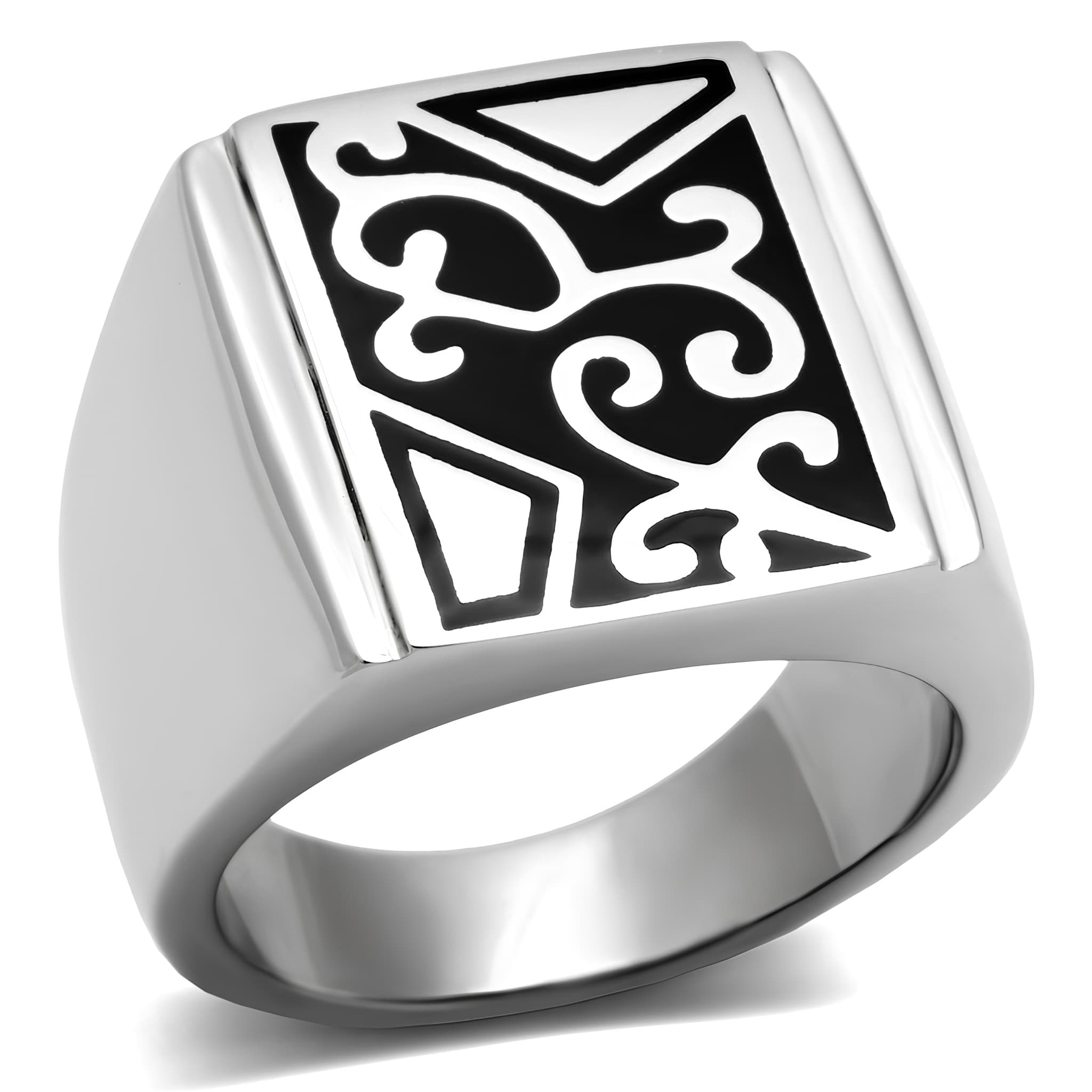Stainless Steel Silver Black Enamel Scroll Carved Square Ring