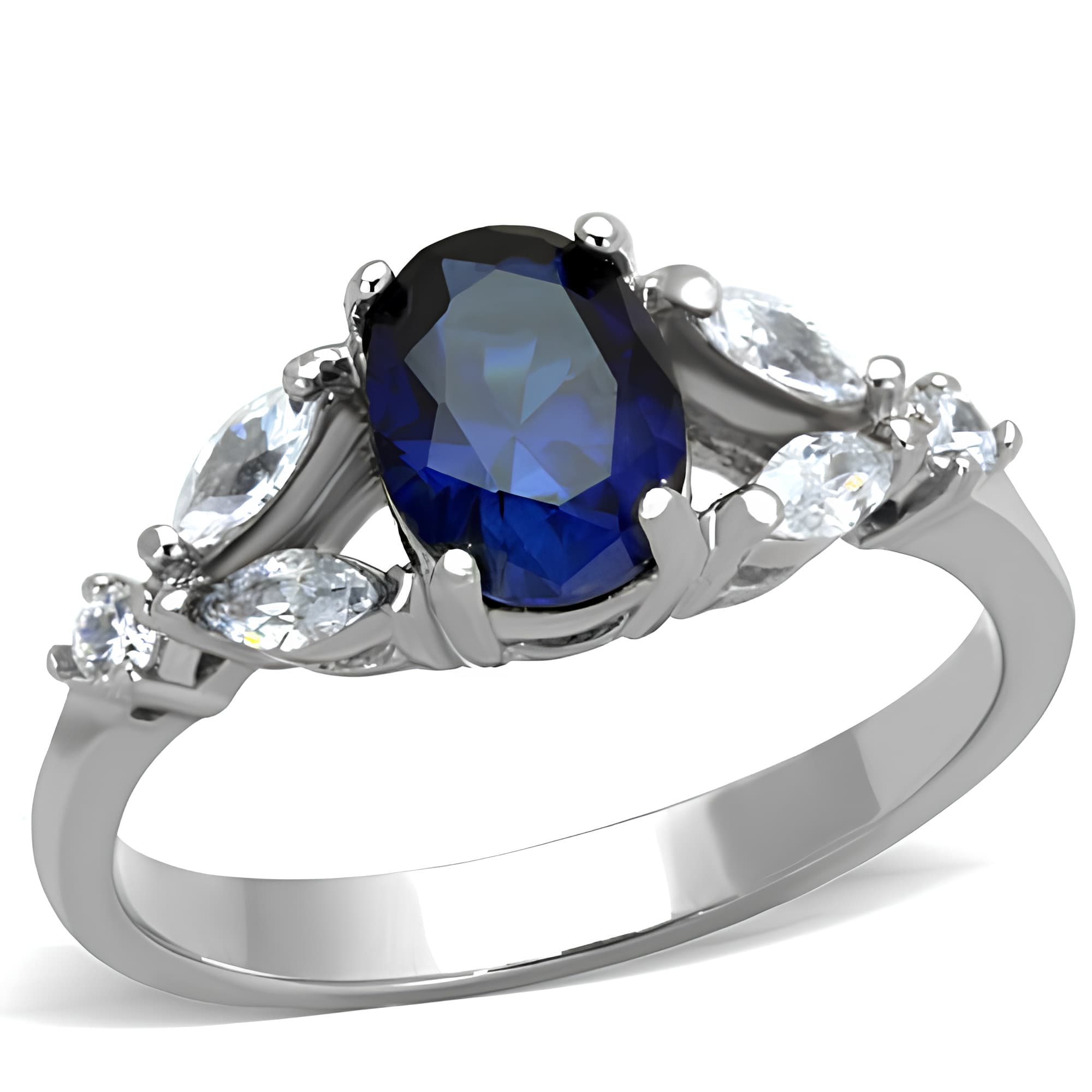 Stainless Steel Blue Sapphire Oval CZ Marquise Sides Ring