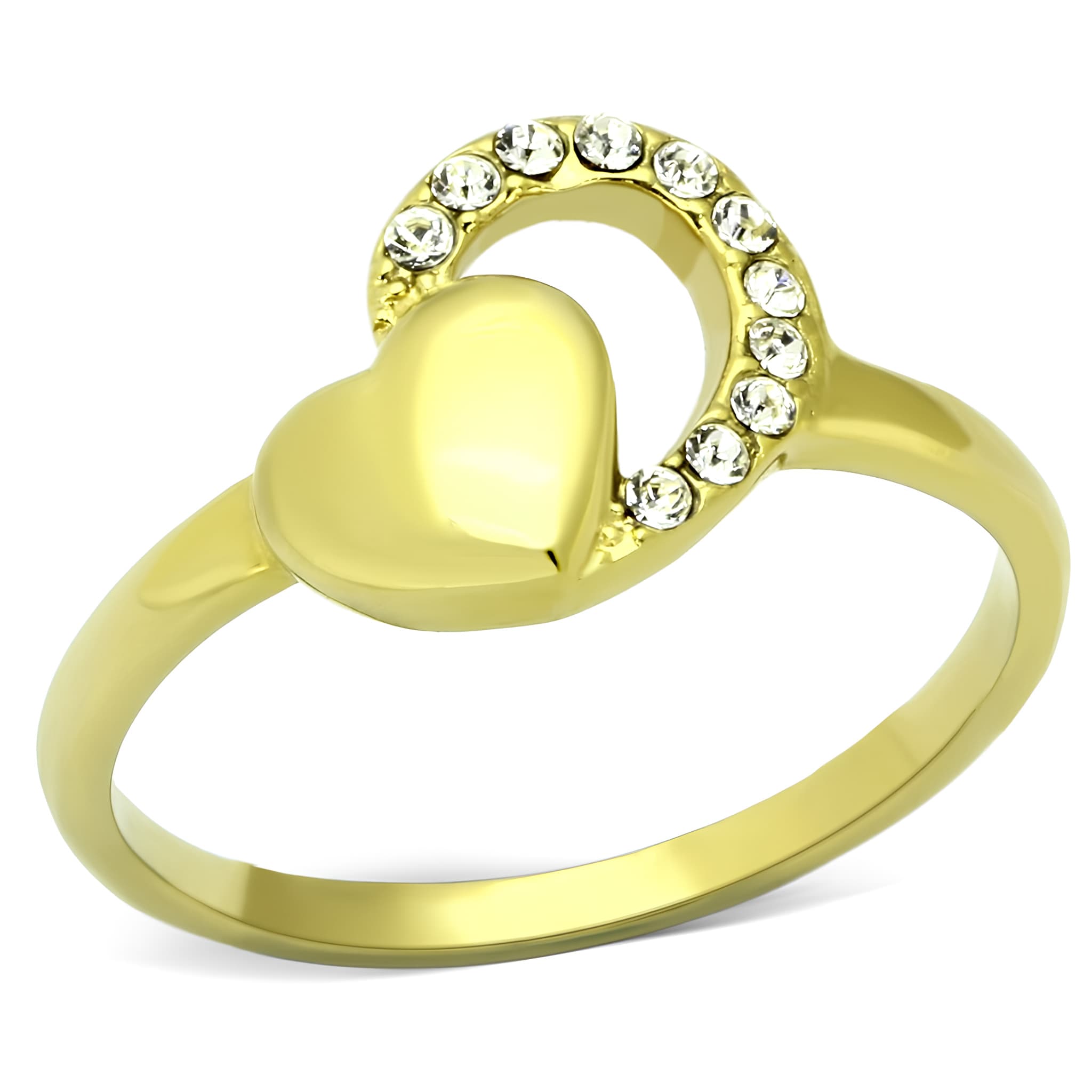 Stainless Steel Gold CZ Heart Pave Accent Ring