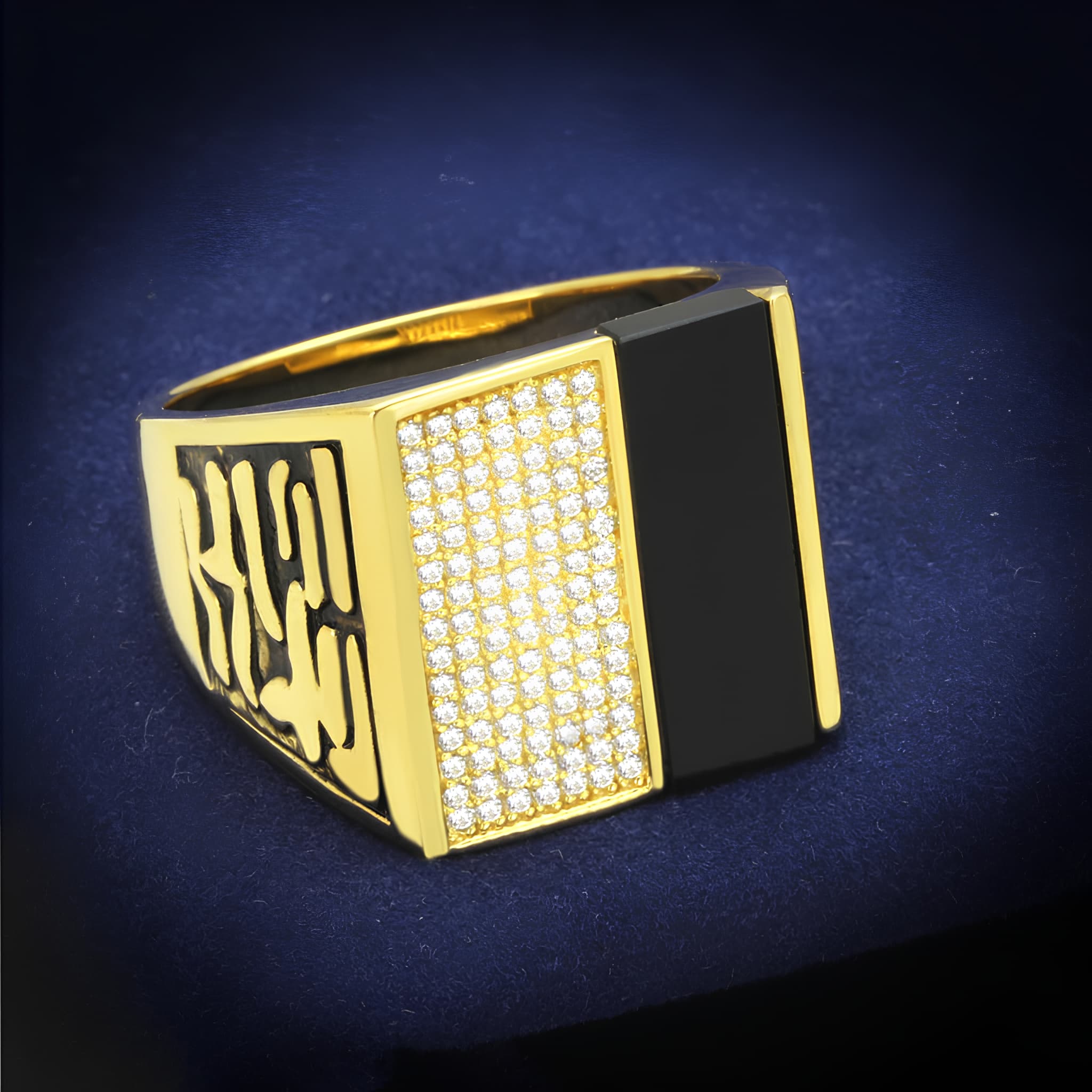 Sterling Silver Gold Two Tone Black Onyx CZ Square Signet Ring
