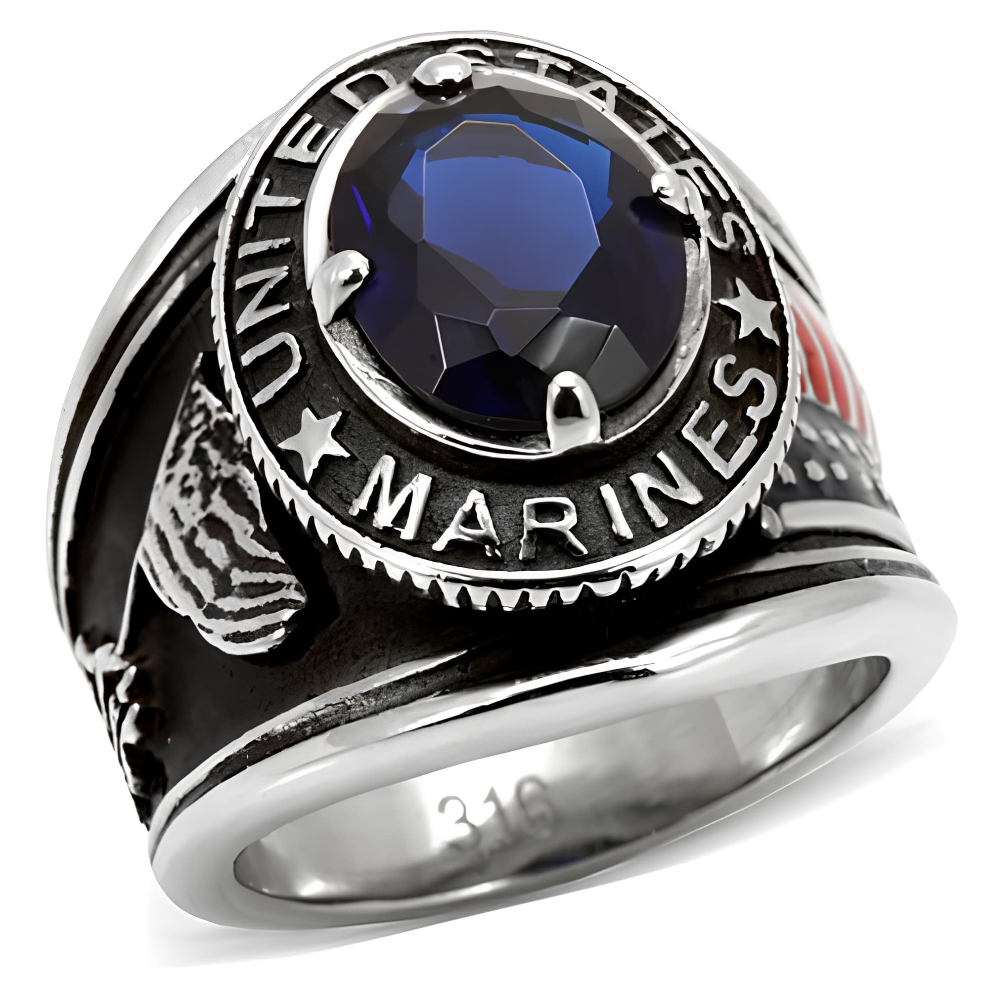 Stainless Steel United States Marines Blue Sapphire Mens Ring
