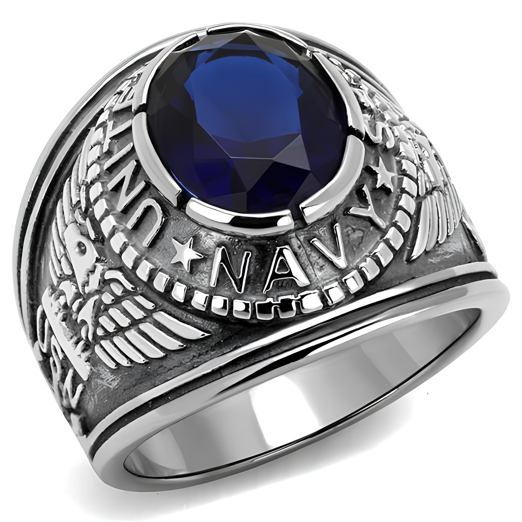 Stainless Steel US Navy Blue Sapphire CZ Military Signet Ring