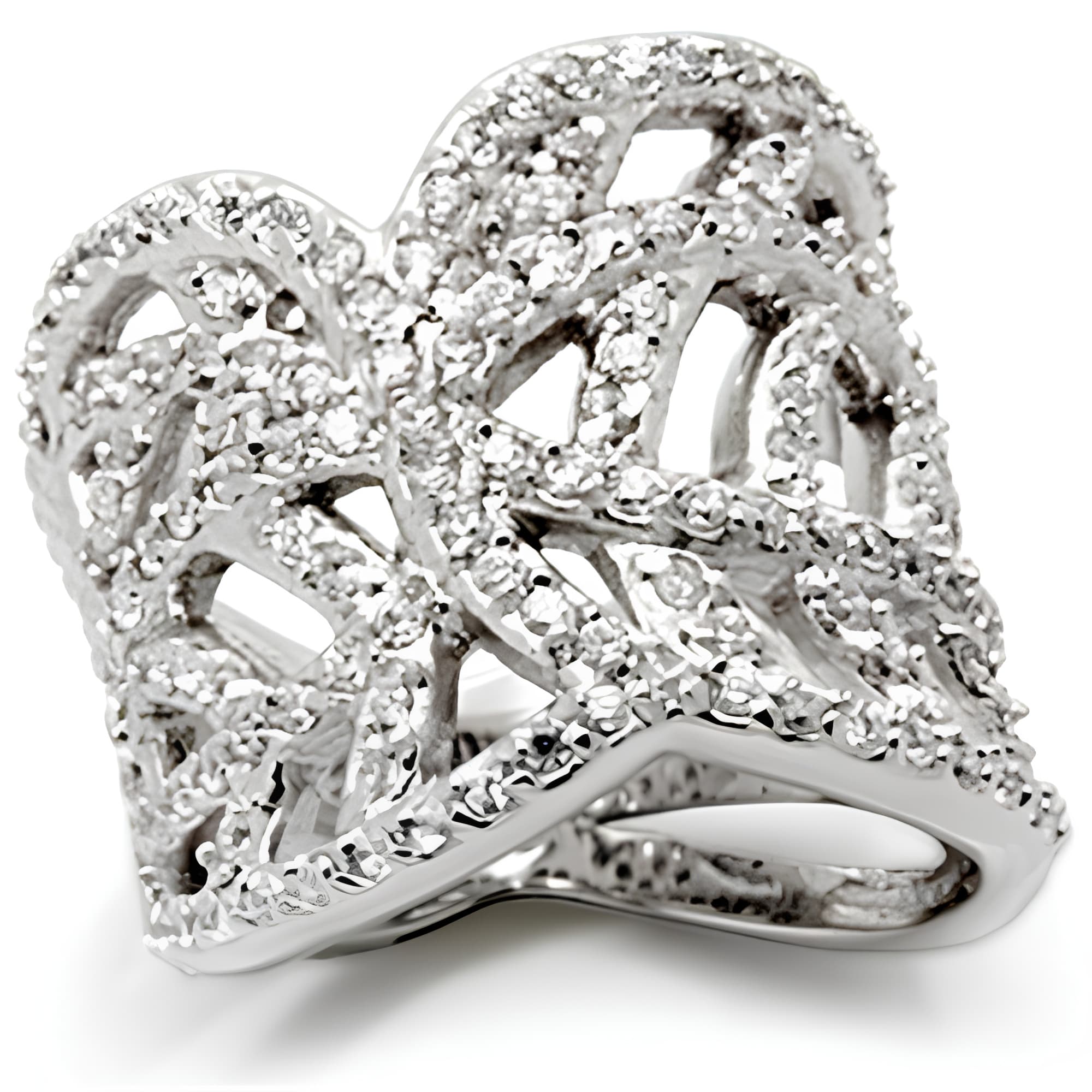 Sterling Silver CZ Pave Open Filigree Heart Wide Band Ring