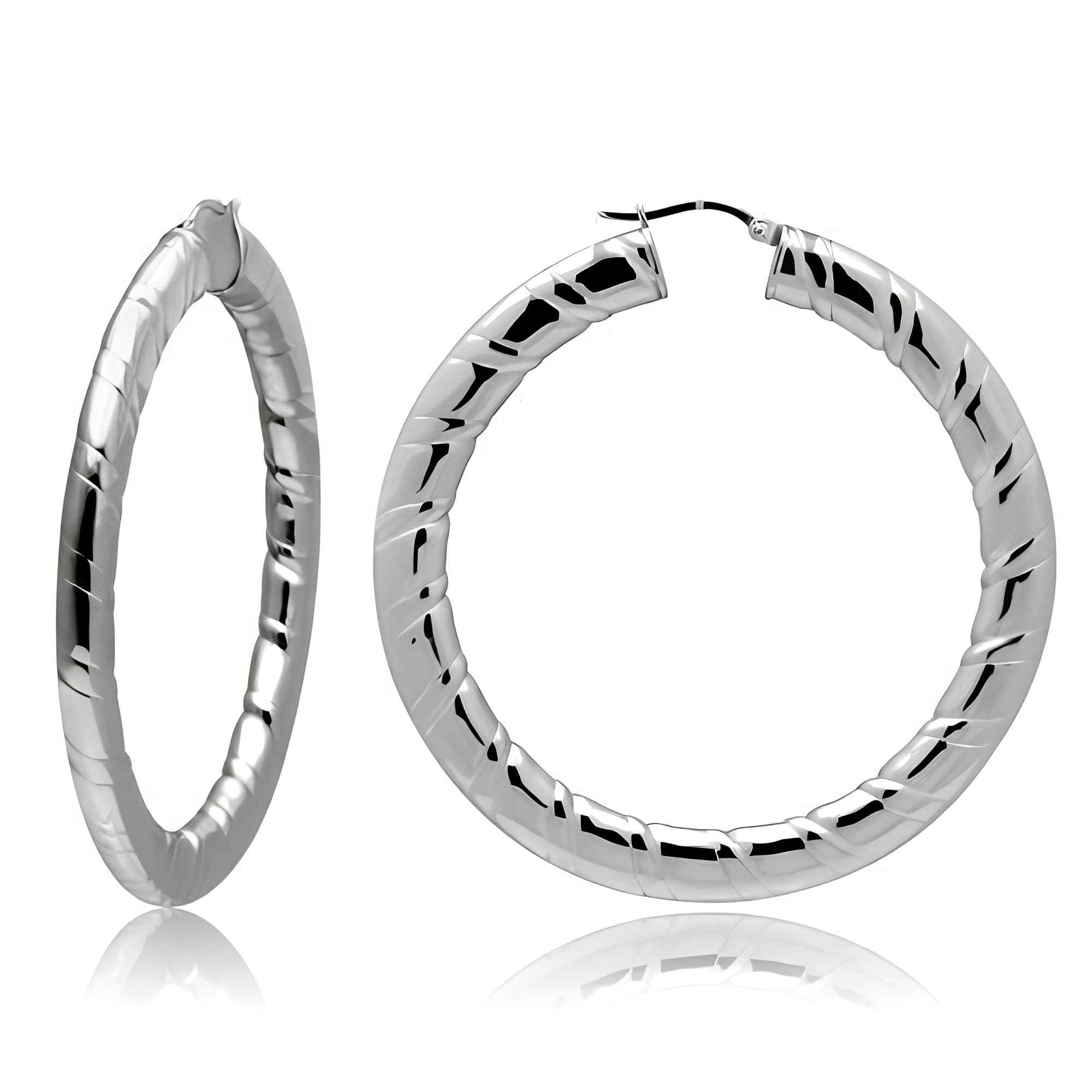 Stainless Steel Silver Polished Diamond Cut Medium Hoop Earrings
