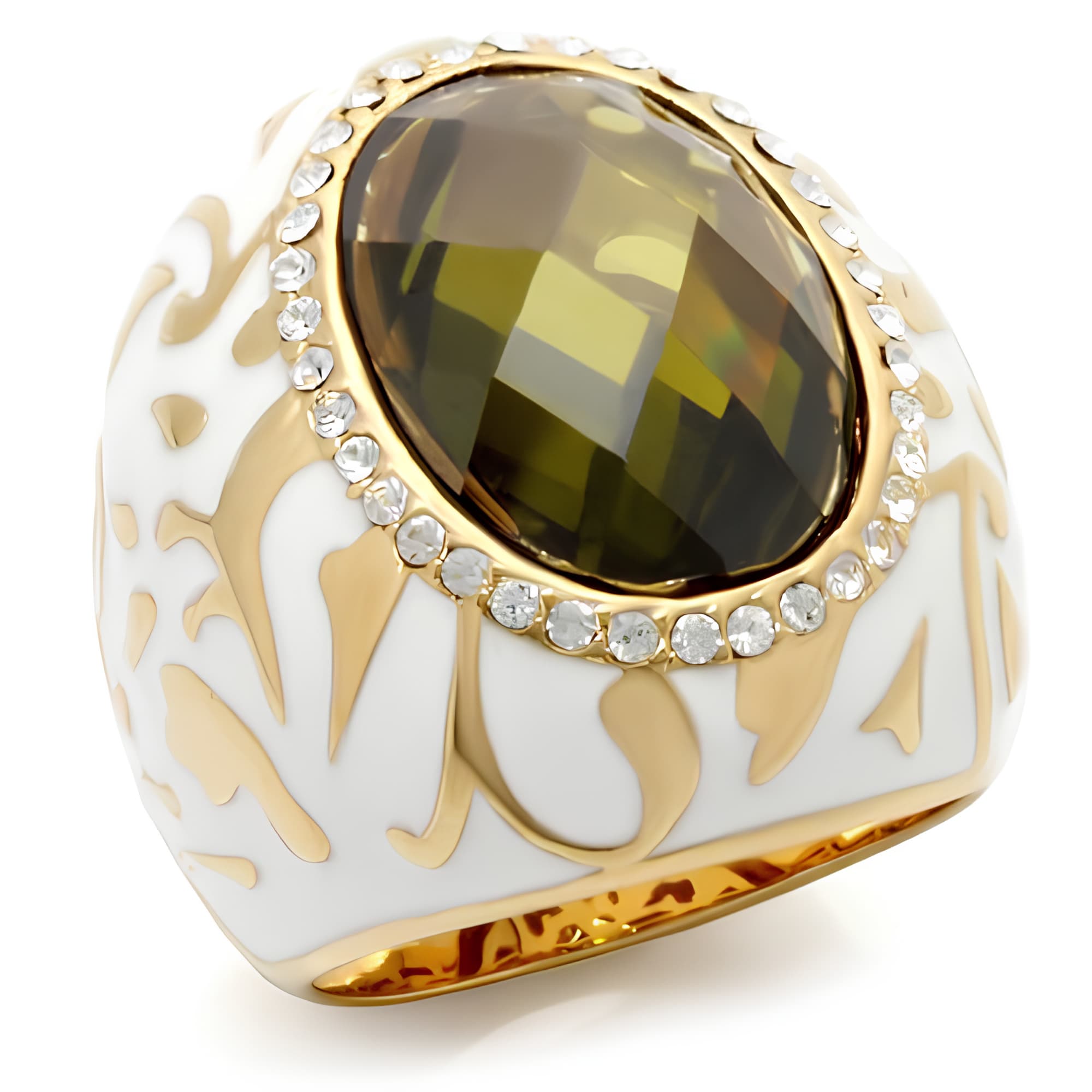 Brass Olive CZ White Enamel Filigree Dome Ring