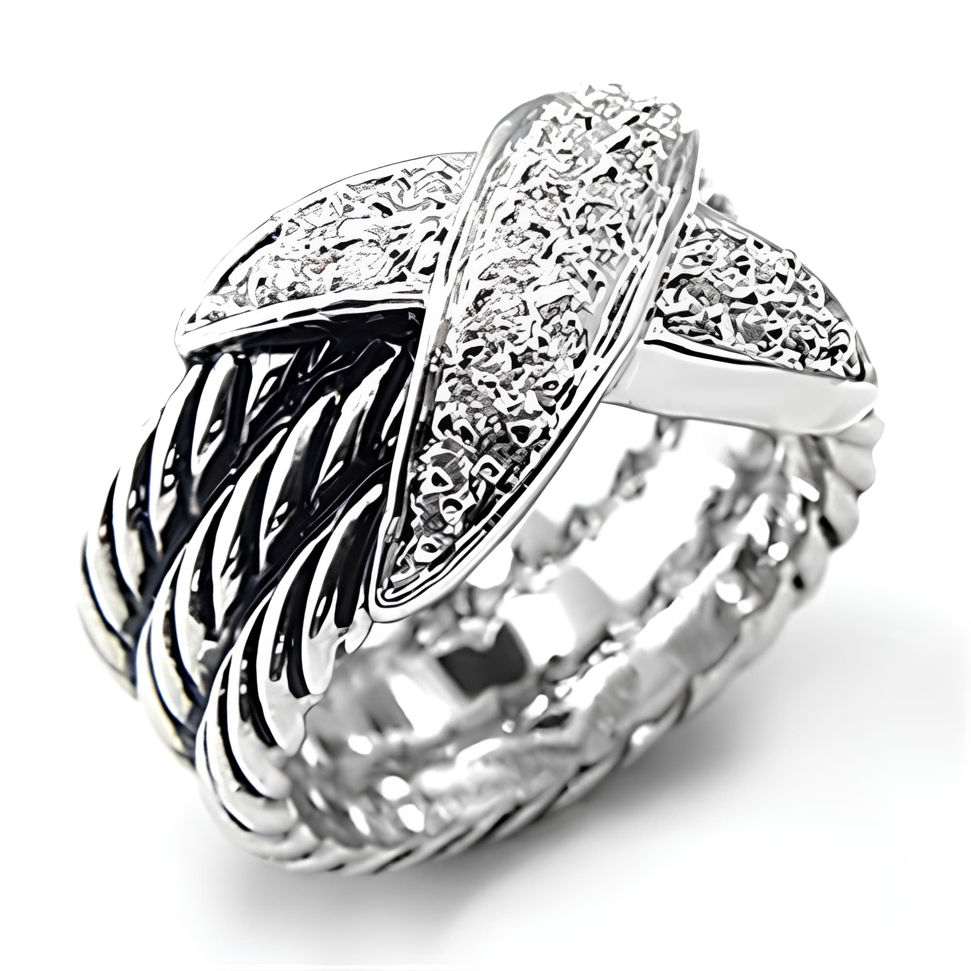 Brass CZ Cable Twist Crossover Wide Band Ring