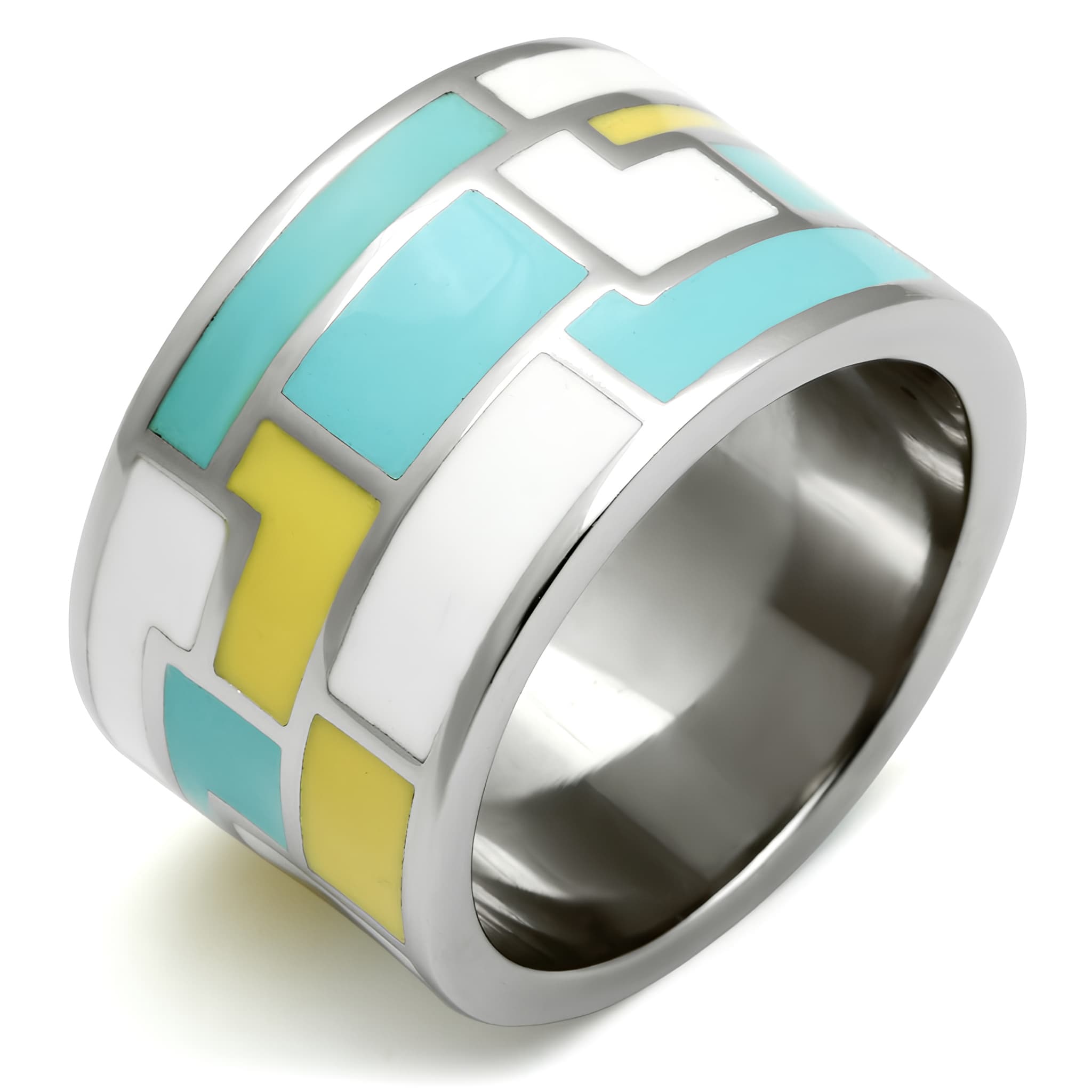 Stainless Steel Silver Teal Yellow Enamel Geometric Block Ring