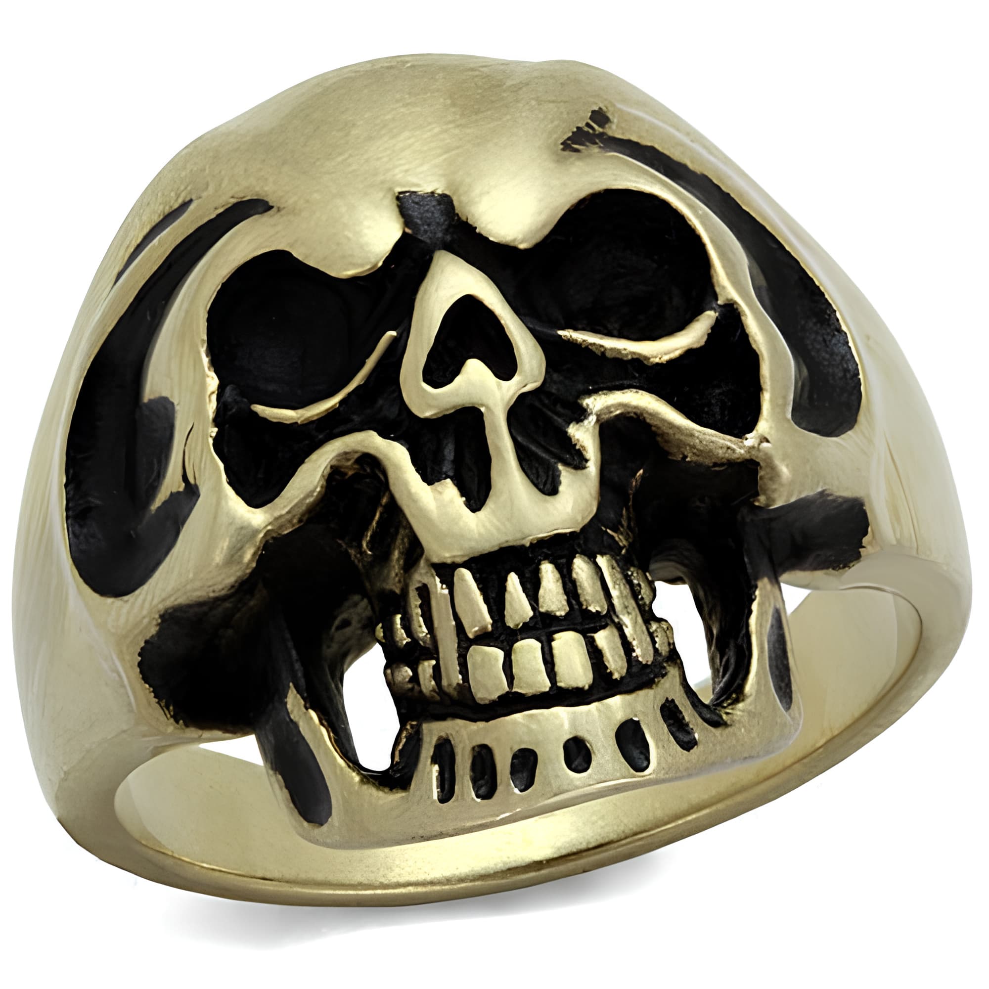 Stainless Steel Antiqued Brass Skull Grinning Large Ring