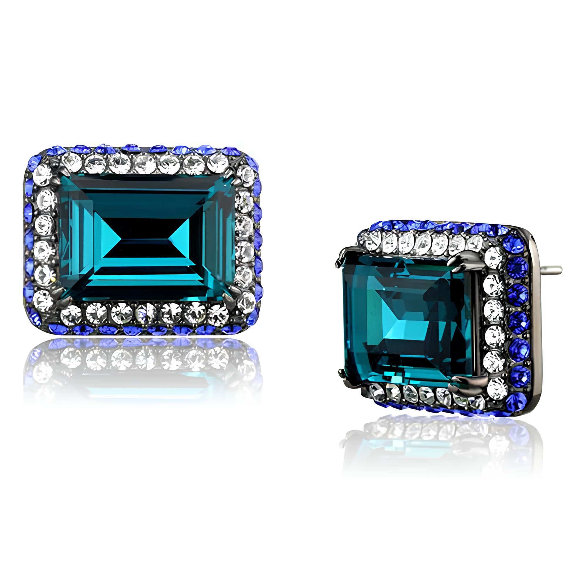Stainless Steel Blue Zircon Emerald Cut CZ Blue Sapphire Earrings