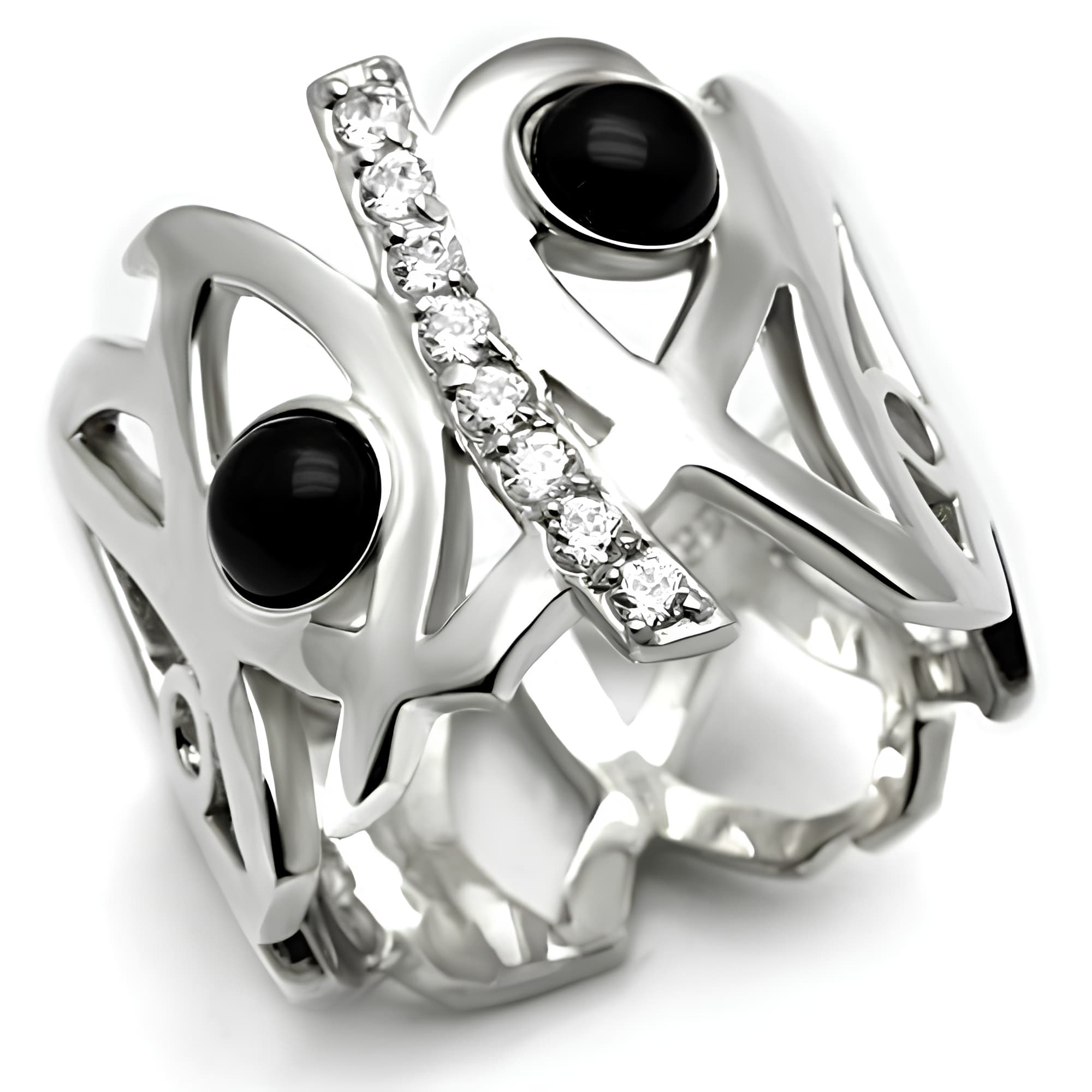 Sterling Silver Black Onyx CZ Geometric Open Work Ring