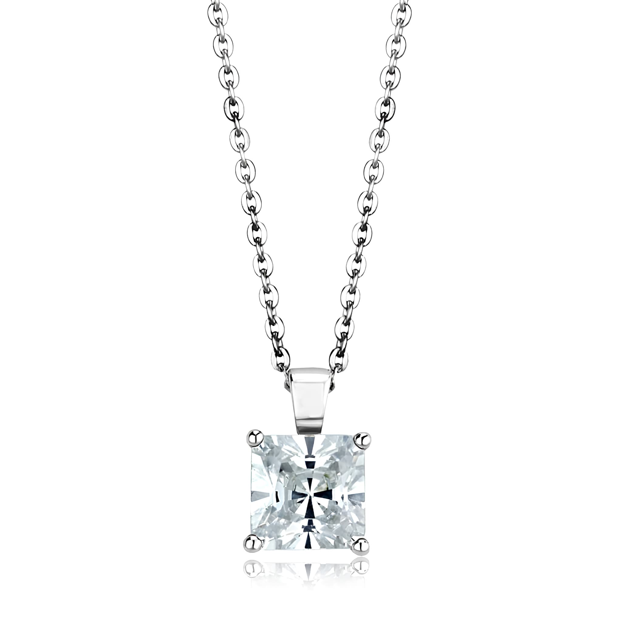 Sterling Silver CZ Princess Cut Basket Solitaire Pendant Necklace