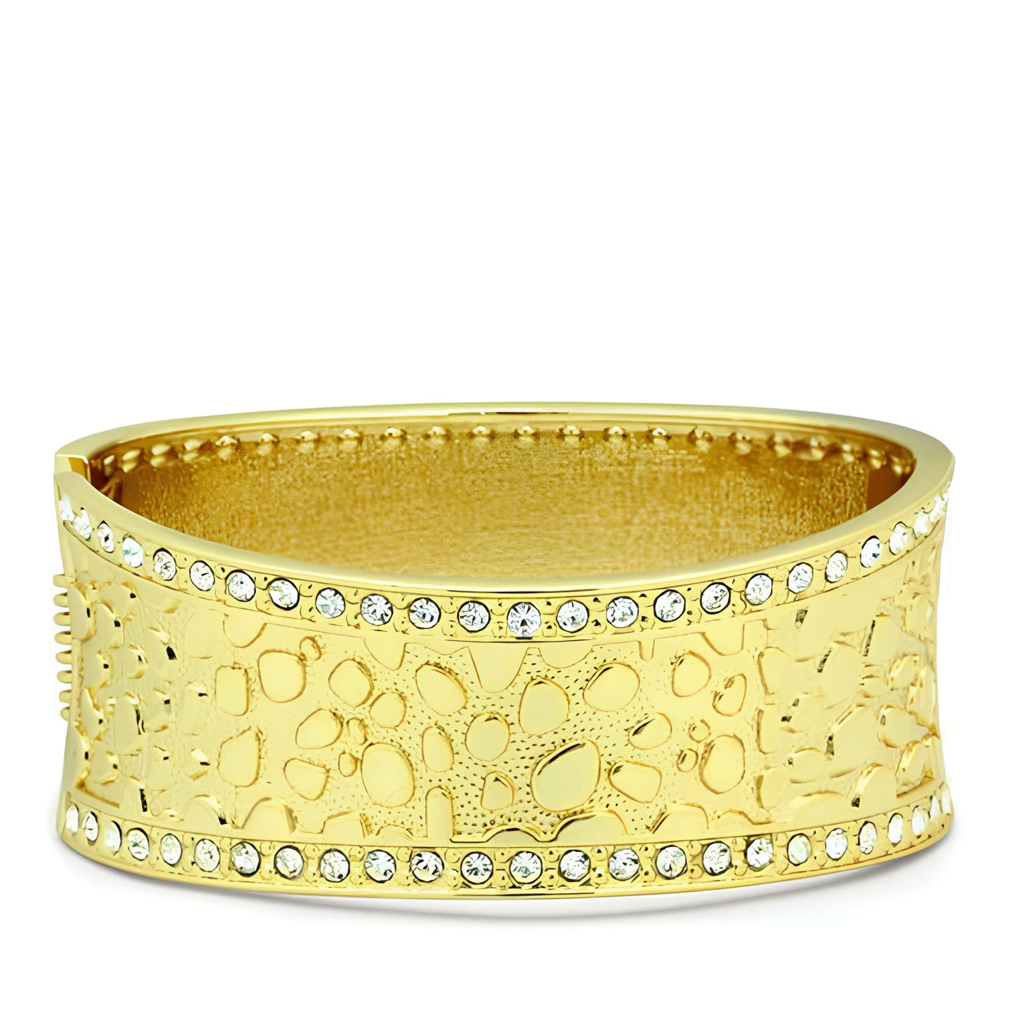 Gold Hammered Textured CZ Edge Wide Bangle Bracelet