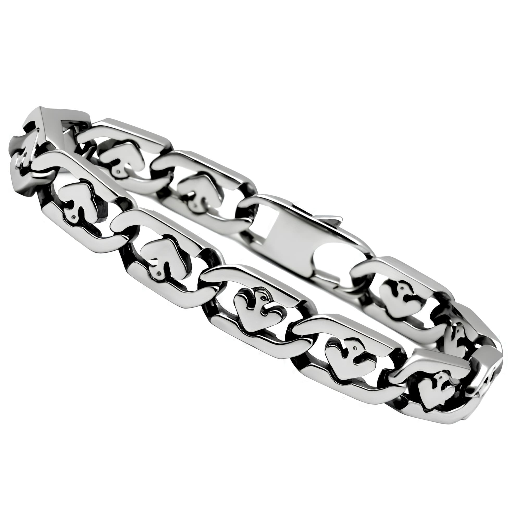 Stainless Steel Silver Polished Heart Cutout Figaro Link Bracelet