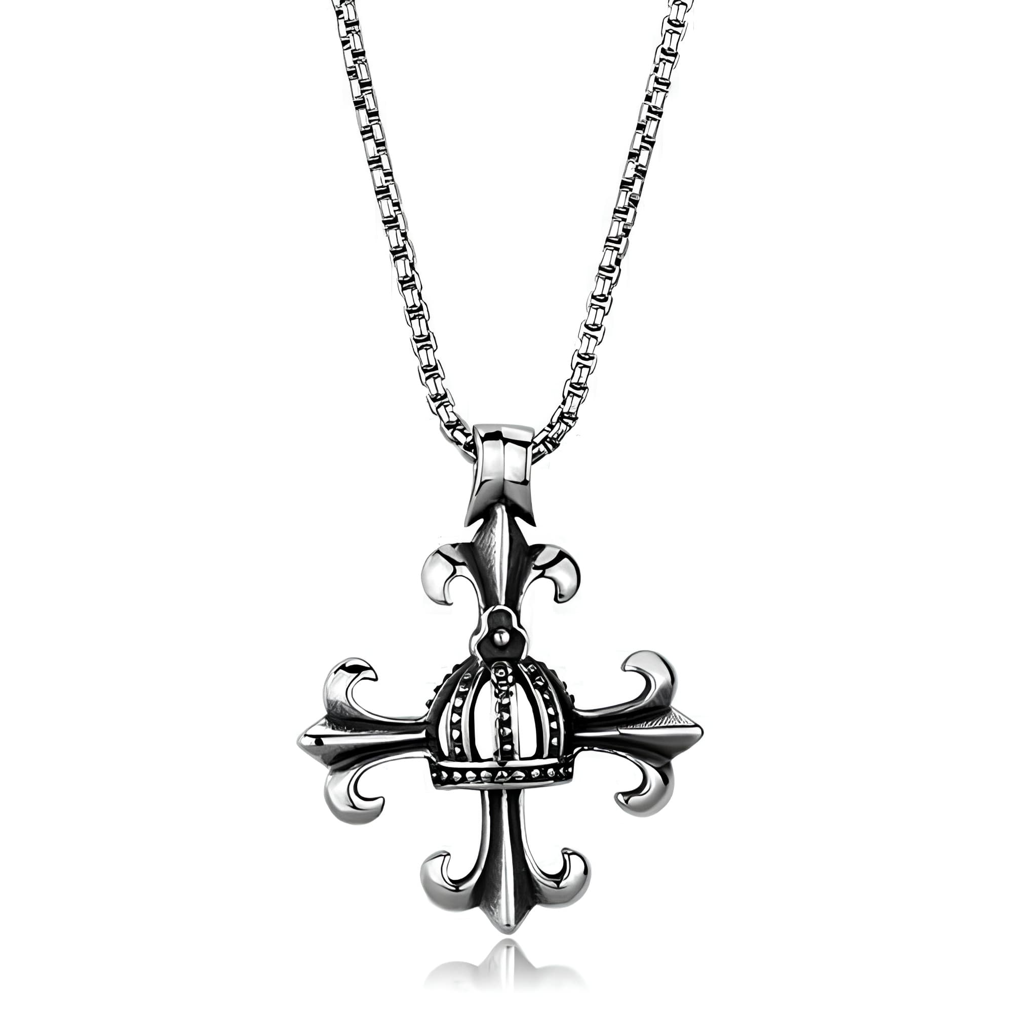 Stainless Steel Fleur De Lis Crown Cross Pendant Necklace