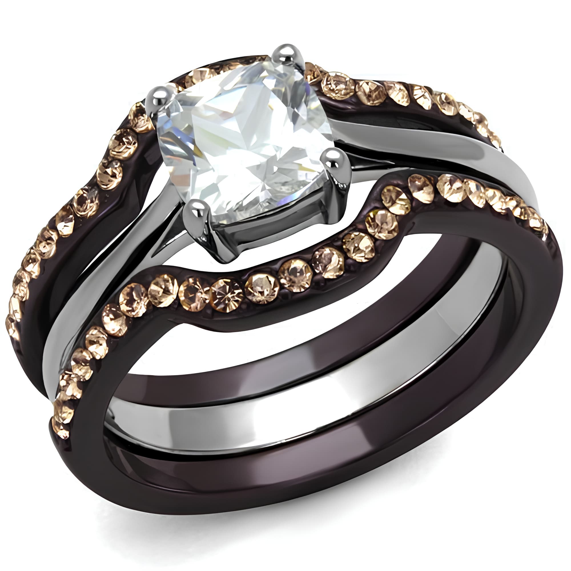 Stainless Steel Dark CZ Princess Halo Pave Bridal Set Ring