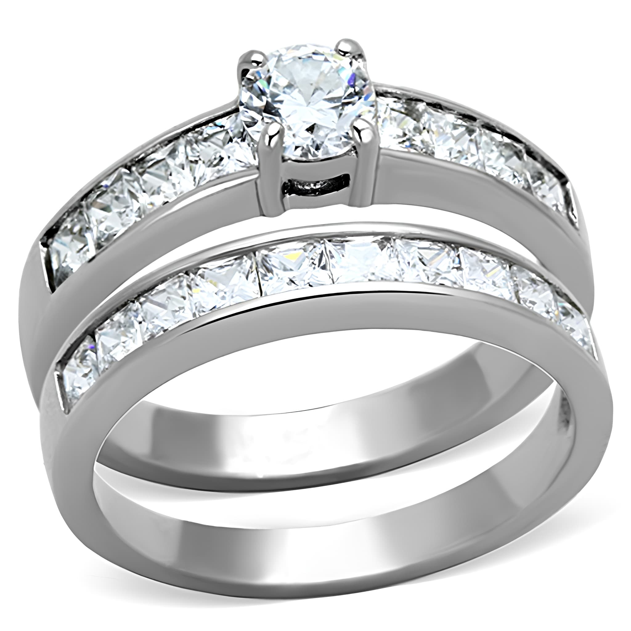 Stainless Steel CZ Round Solitaire Channel Bridal Set Ring