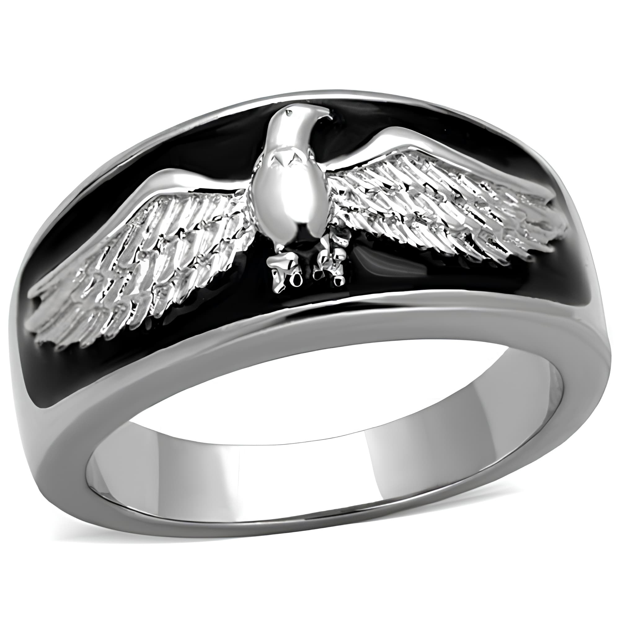 Stainless Steel Eagle Wings Black Enamel Mens Band Ring