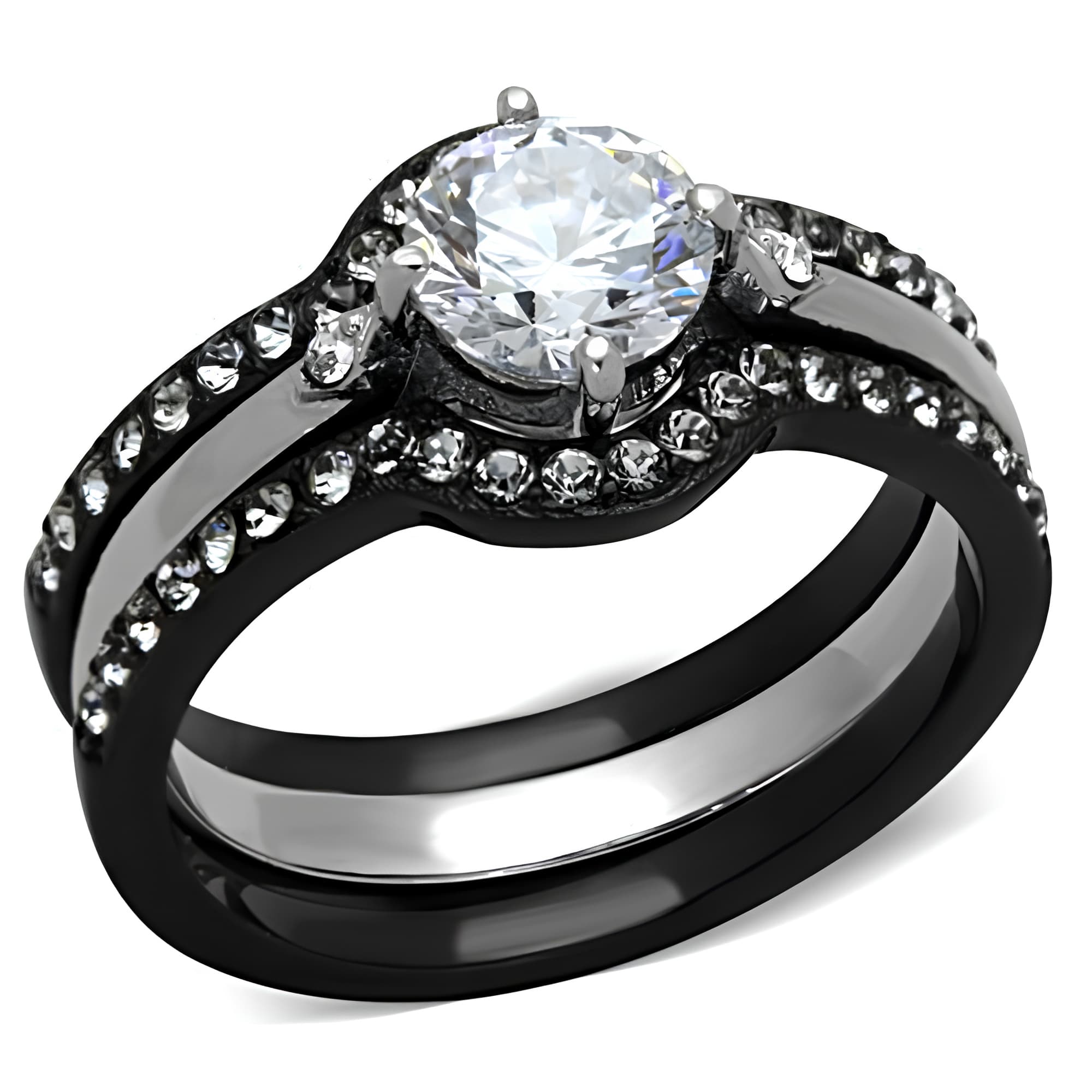 Stainless Steel Dark CZ Round Solitaire Channel Bridal Set Ring
