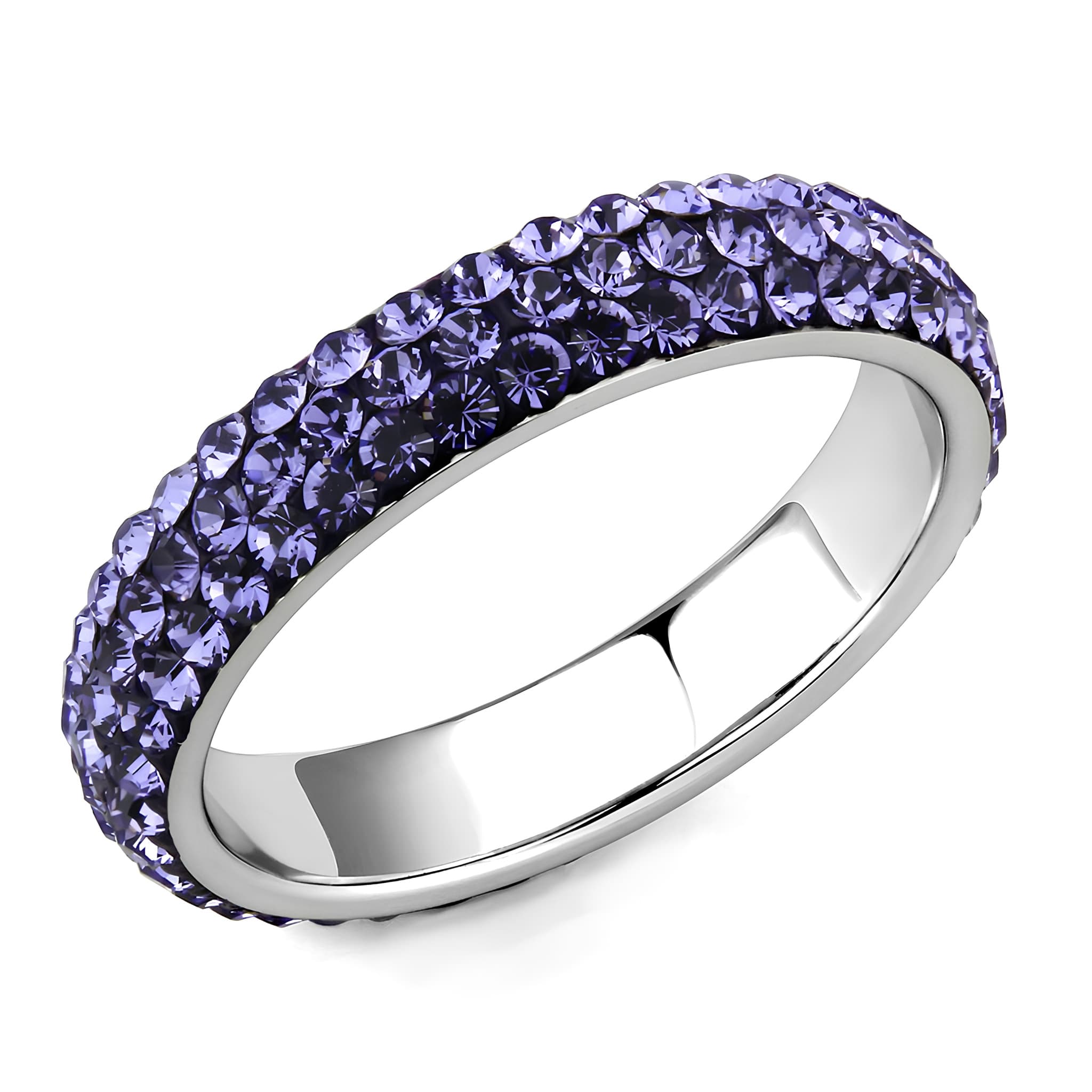 Stainless Steel Silver Purple Amethyst Crystal Pave Dome Ring