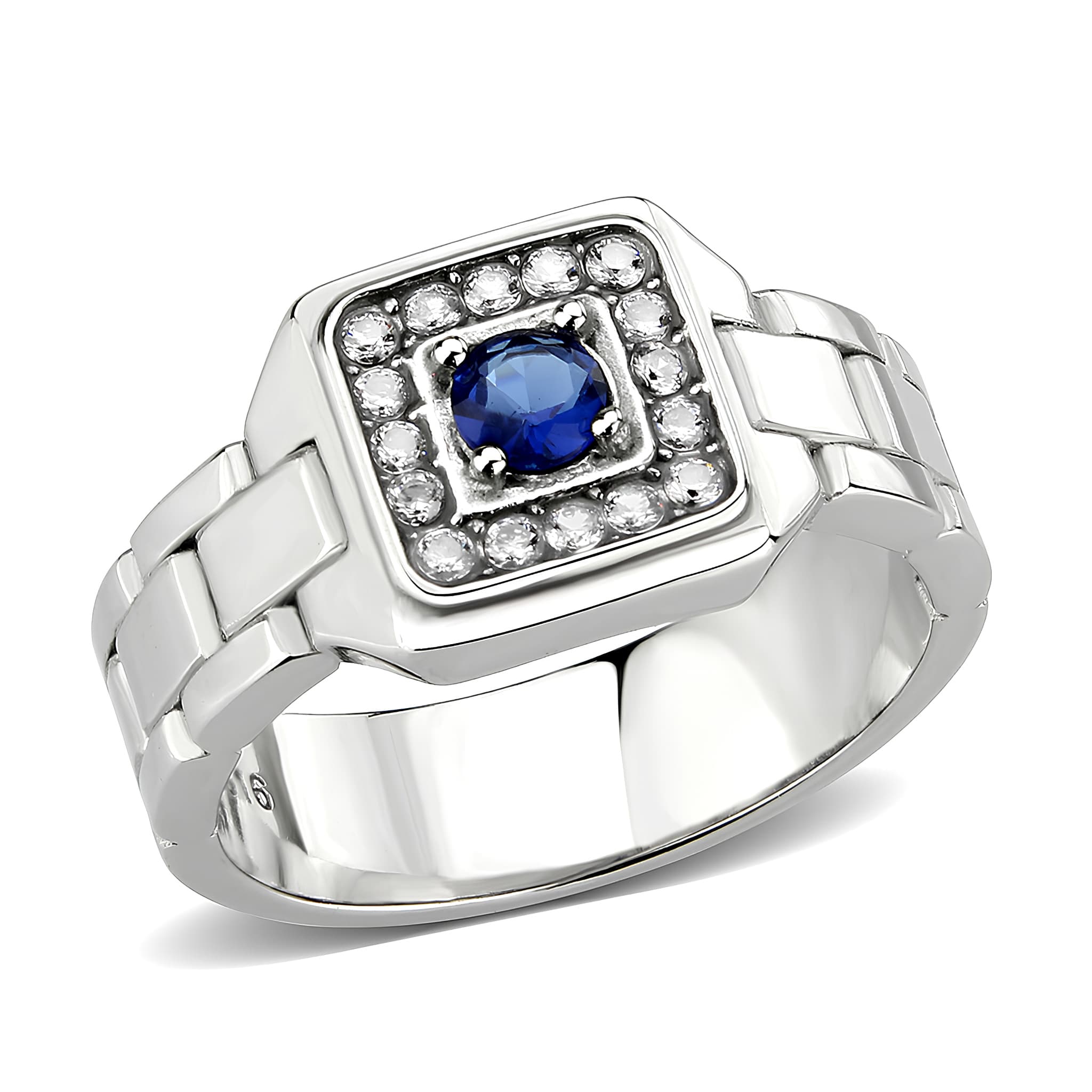 Stainless Steel Silver Blue Sapphire CZ Oval Pave Link Mens Ring