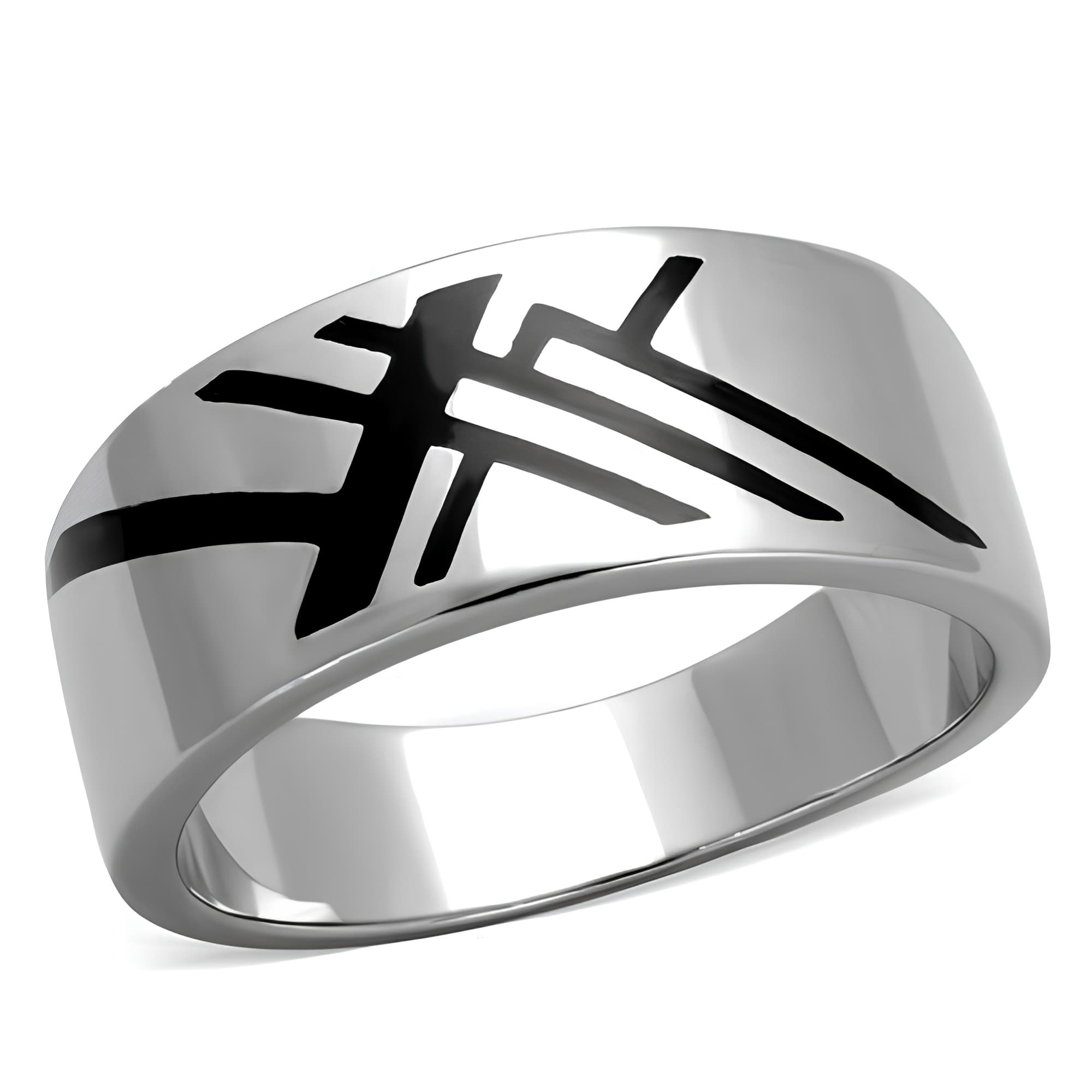 Stainless Steel Geometric Arrow Black Enamel Mens Band Ring