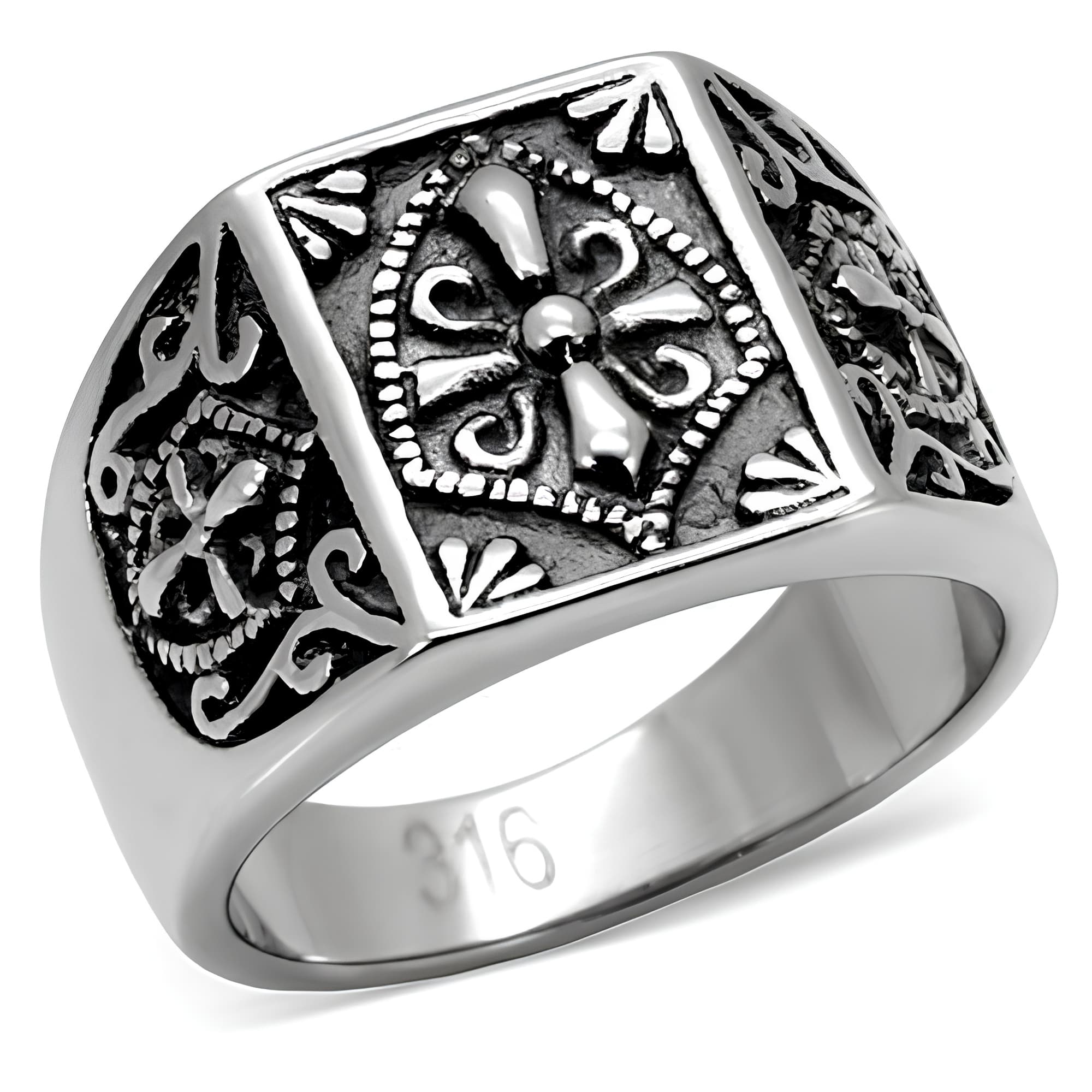 Stainless Steel Fleur De Lis Filigree Mens Signet Ring