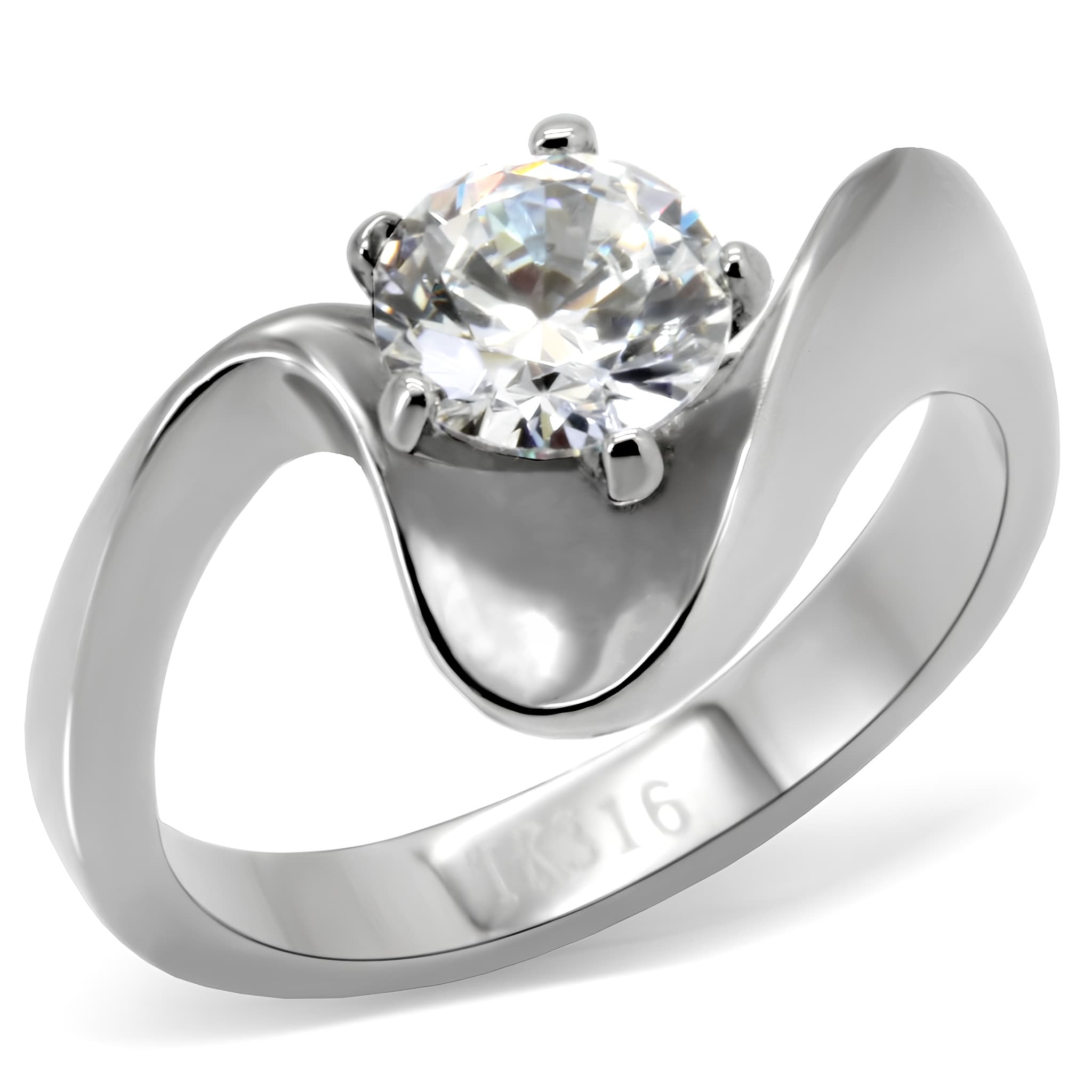 Stainless Steel CZ Round Tension Twist Bypass Ring
