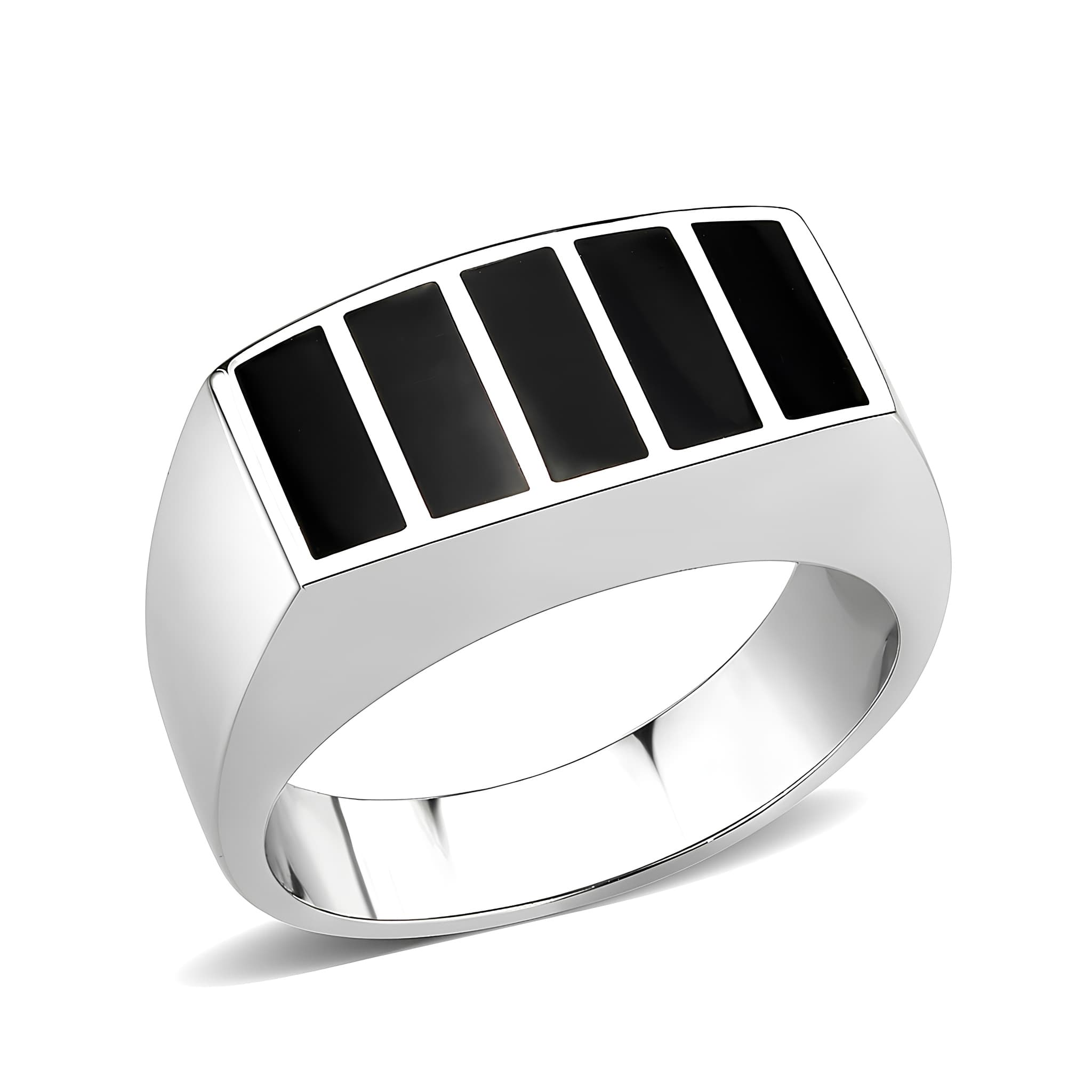 Stainless Steel Silver Black Enamel Stripe Rectangle Mens Ring
