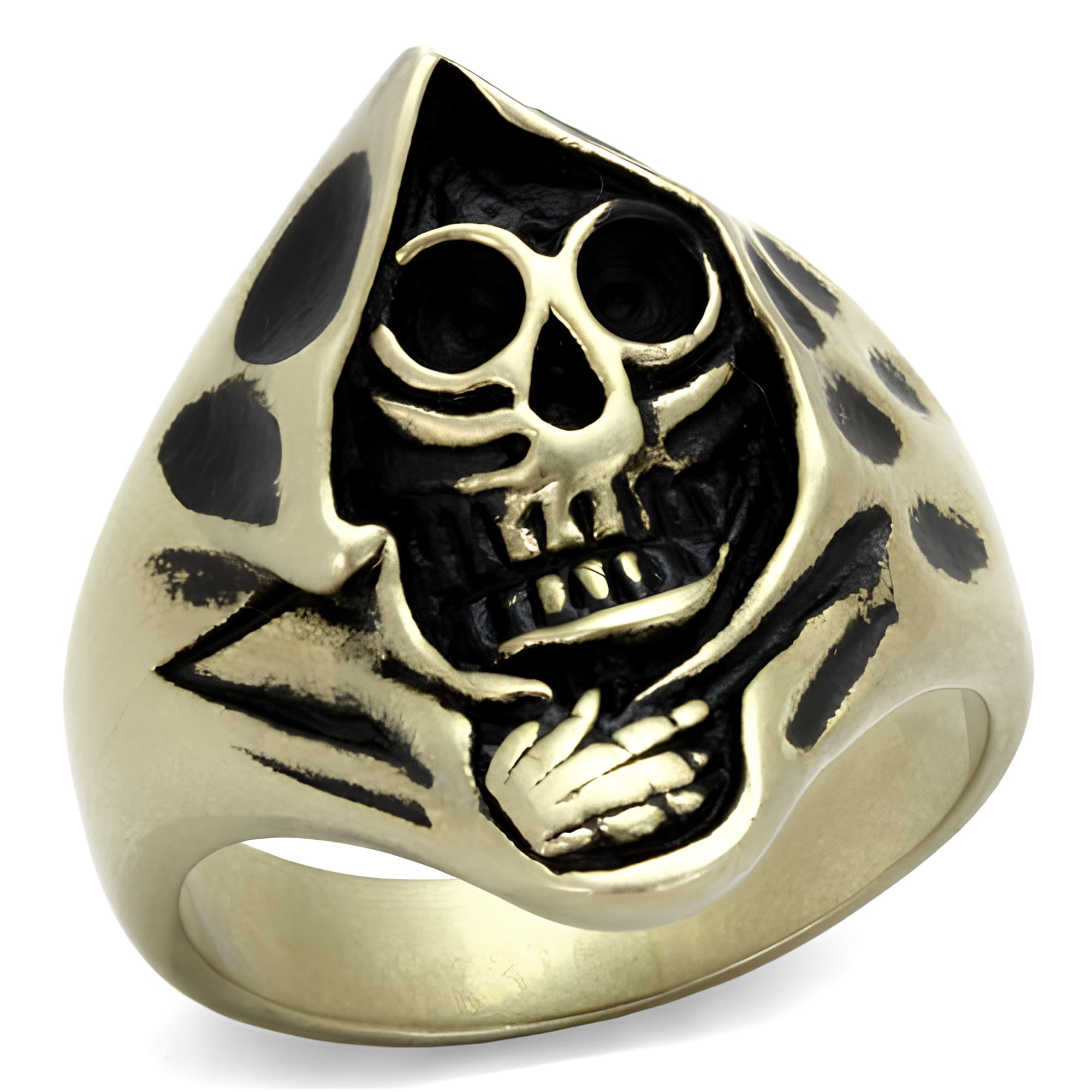 Stainless Steel Antiqued Brass Skull Grim Reaper Scythe Ring