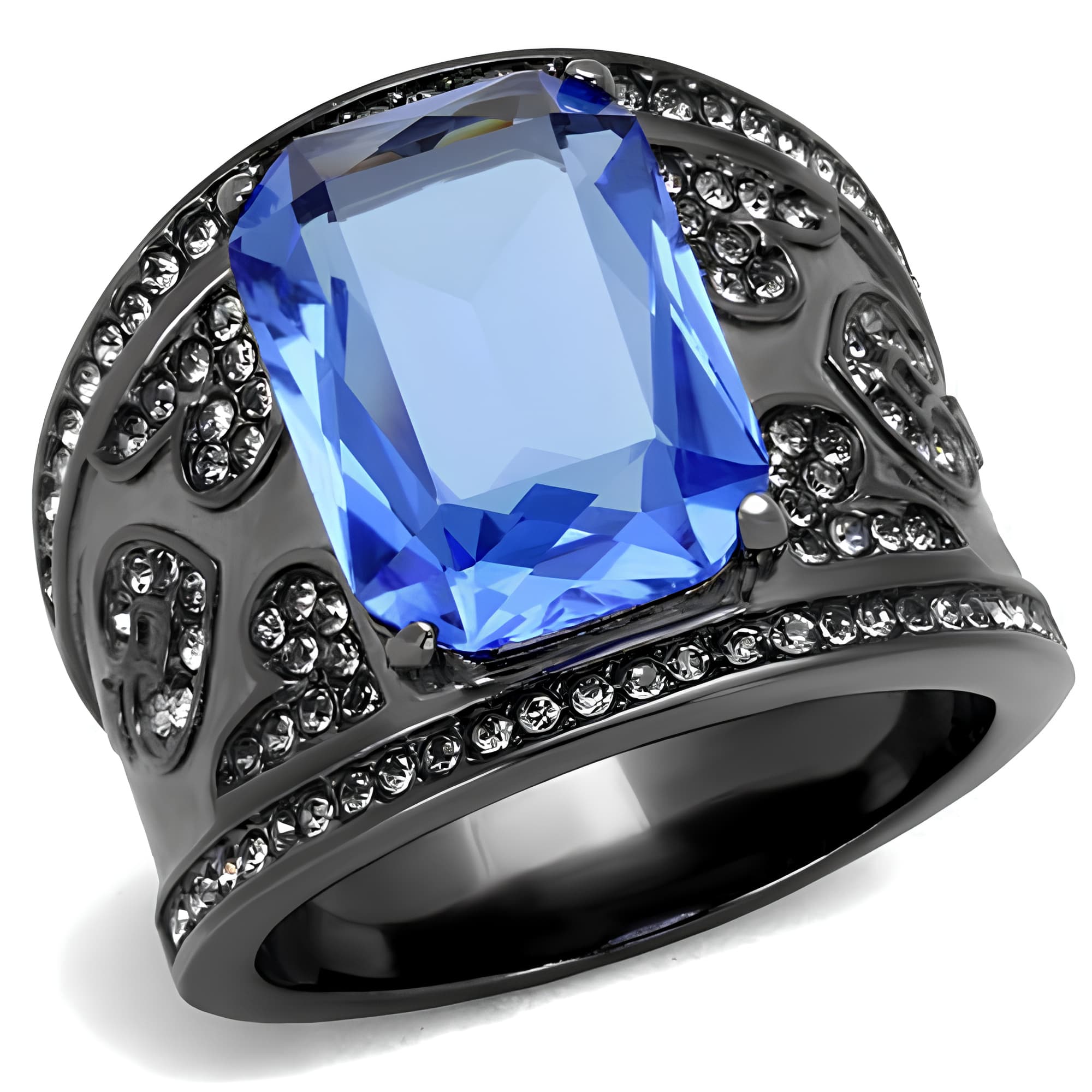 Stainless Steel Dark Gunmetal Blue Sapphire Emerald Cut CZ Ring