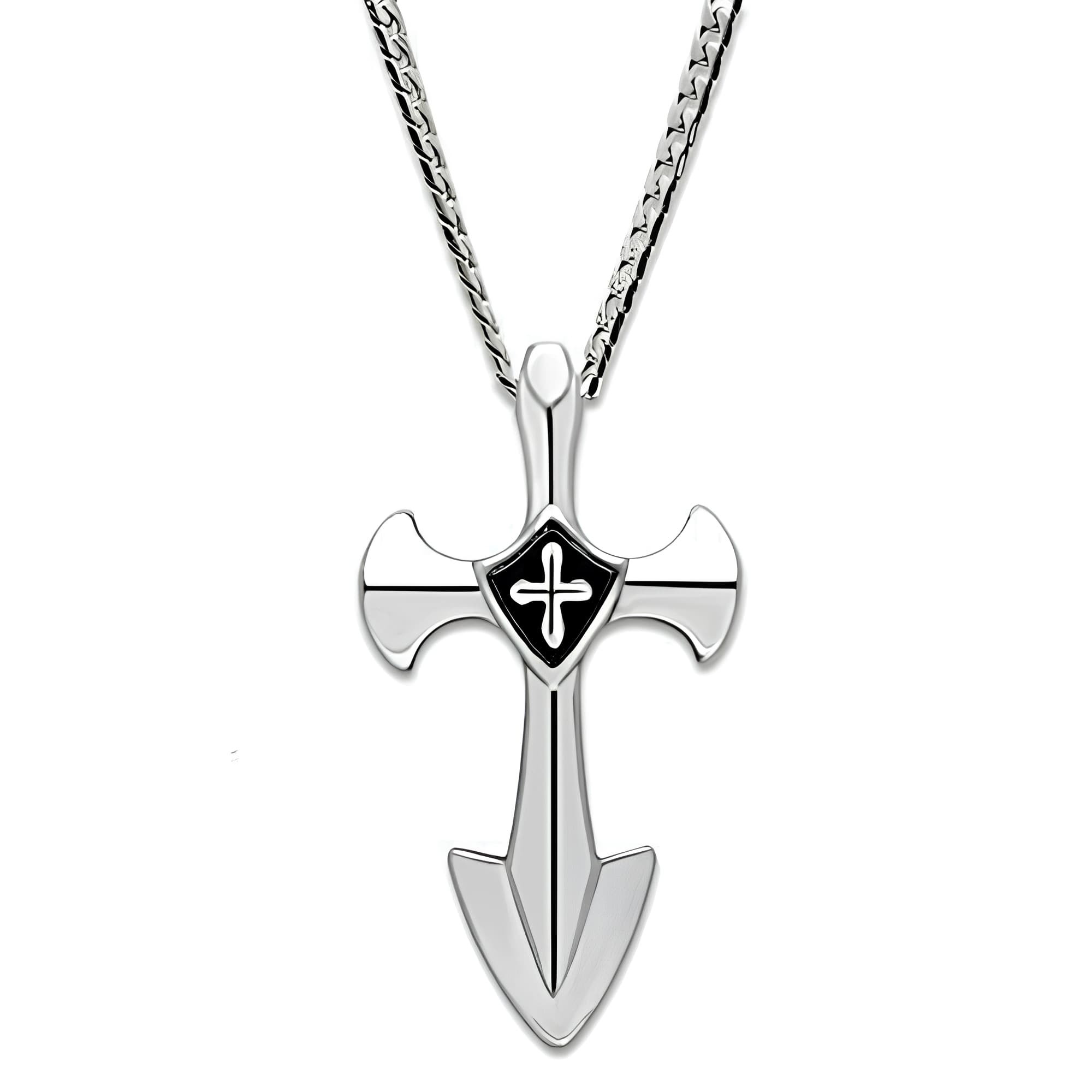 Stainless Steel Silver Sword Cross Shield Pendant Chain Pendant